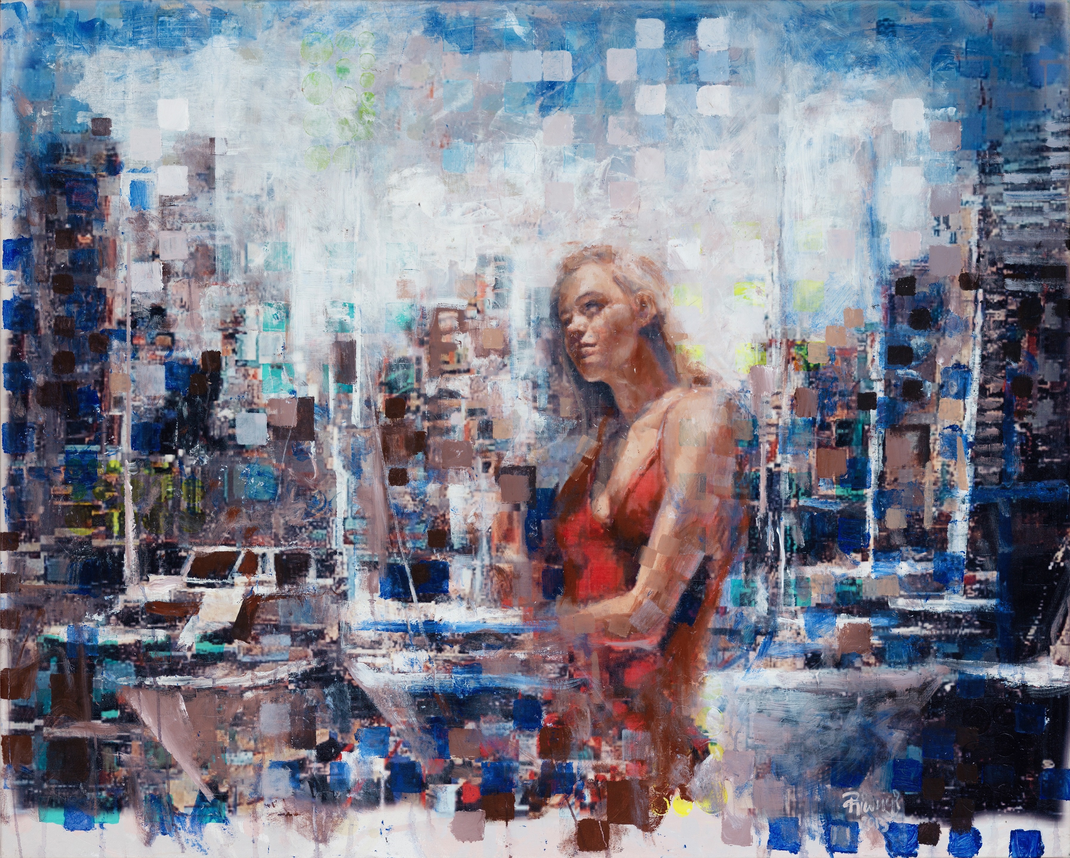 A painting of a woman in a red dress sitting on a boat.