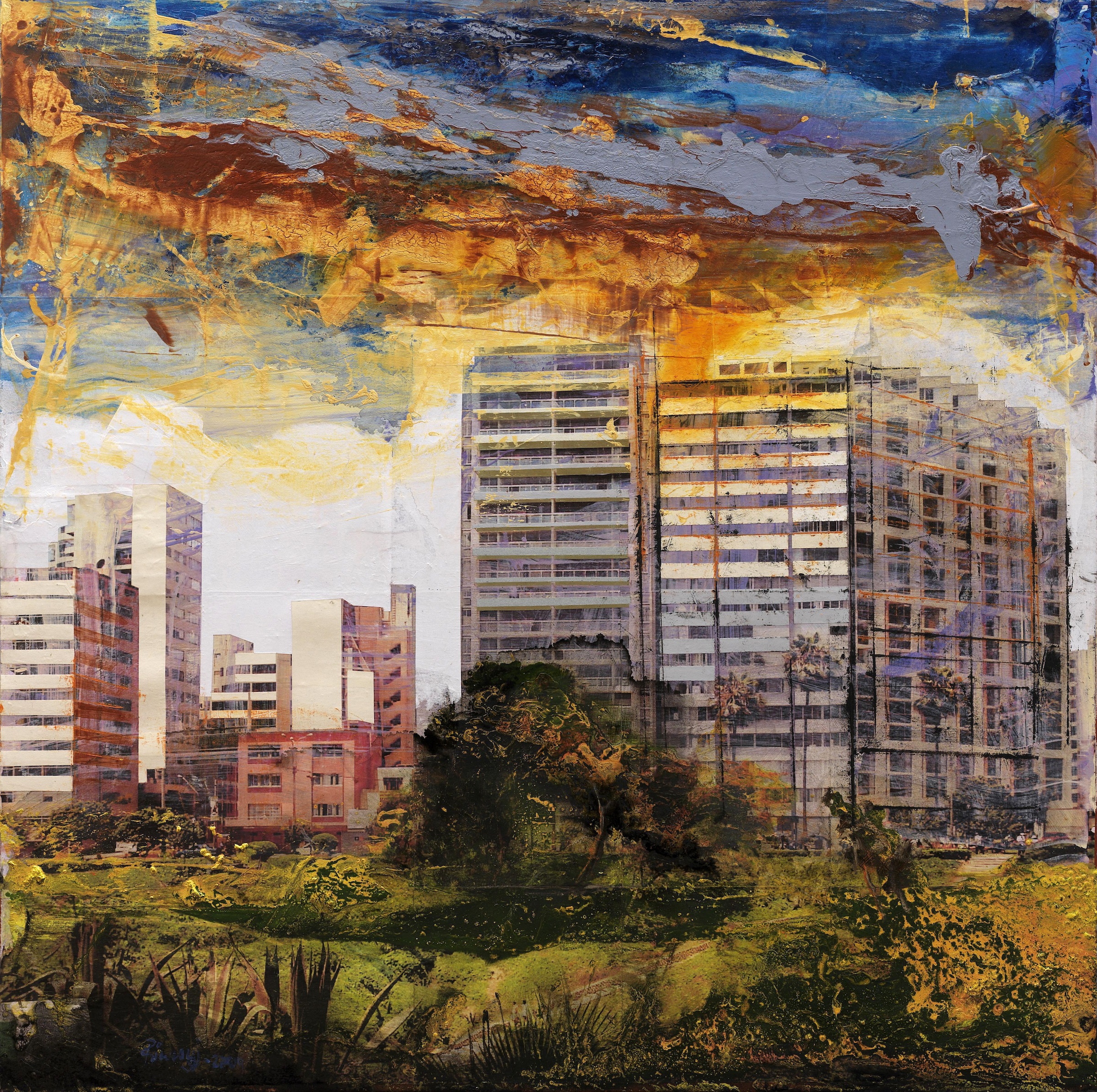 A painting of a city with tall buildings in the background.