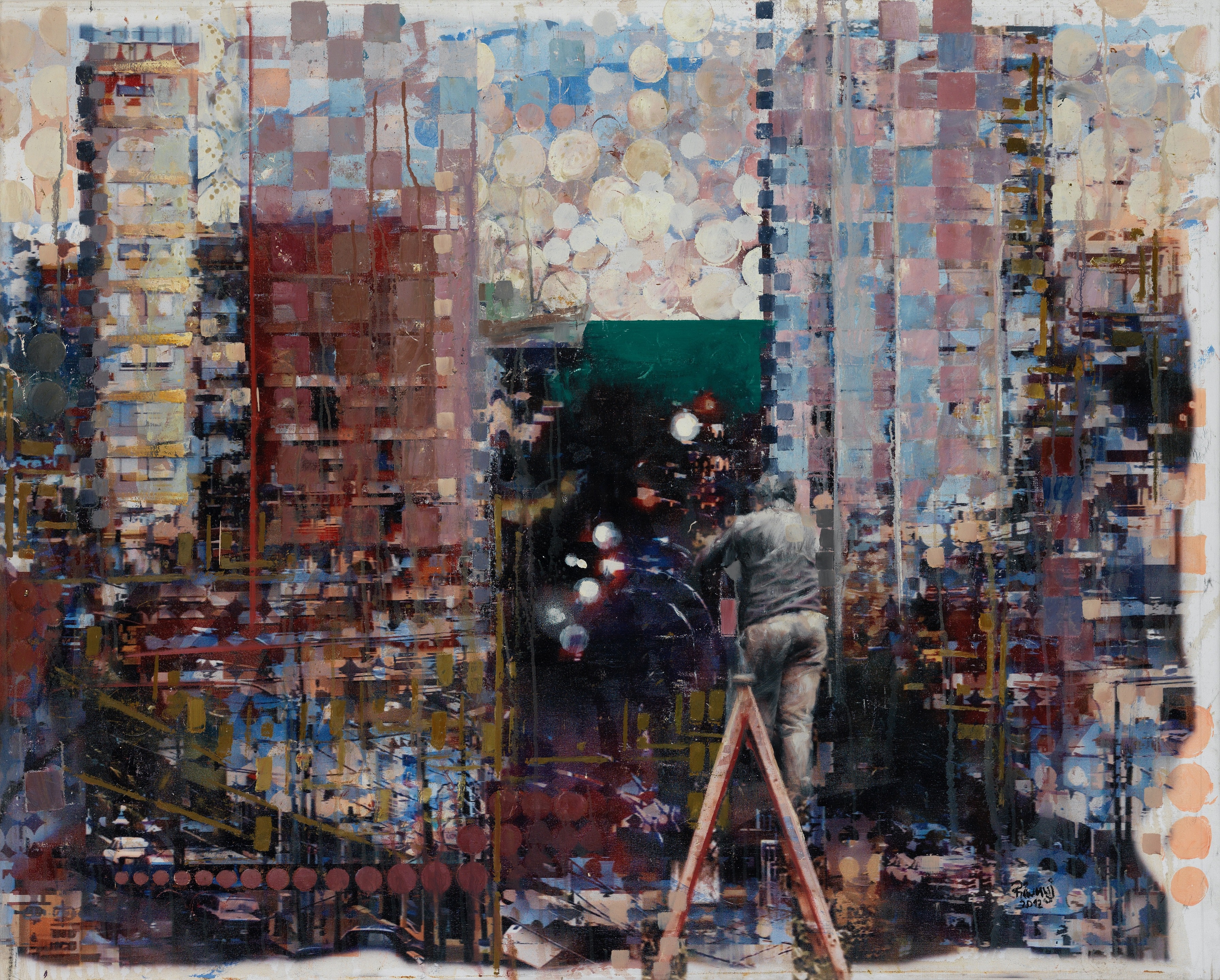A painting of a man standing on a ladder in front of a building.