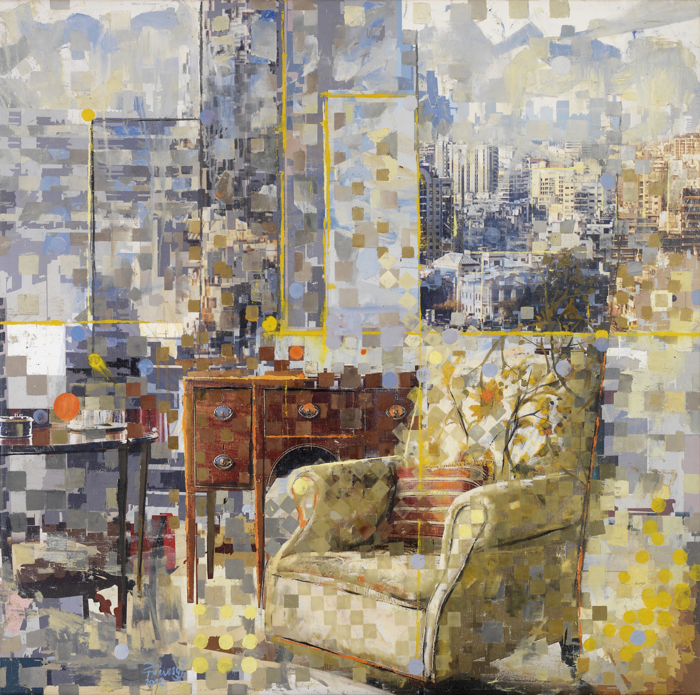 A painting of a living room with a chair and a table.