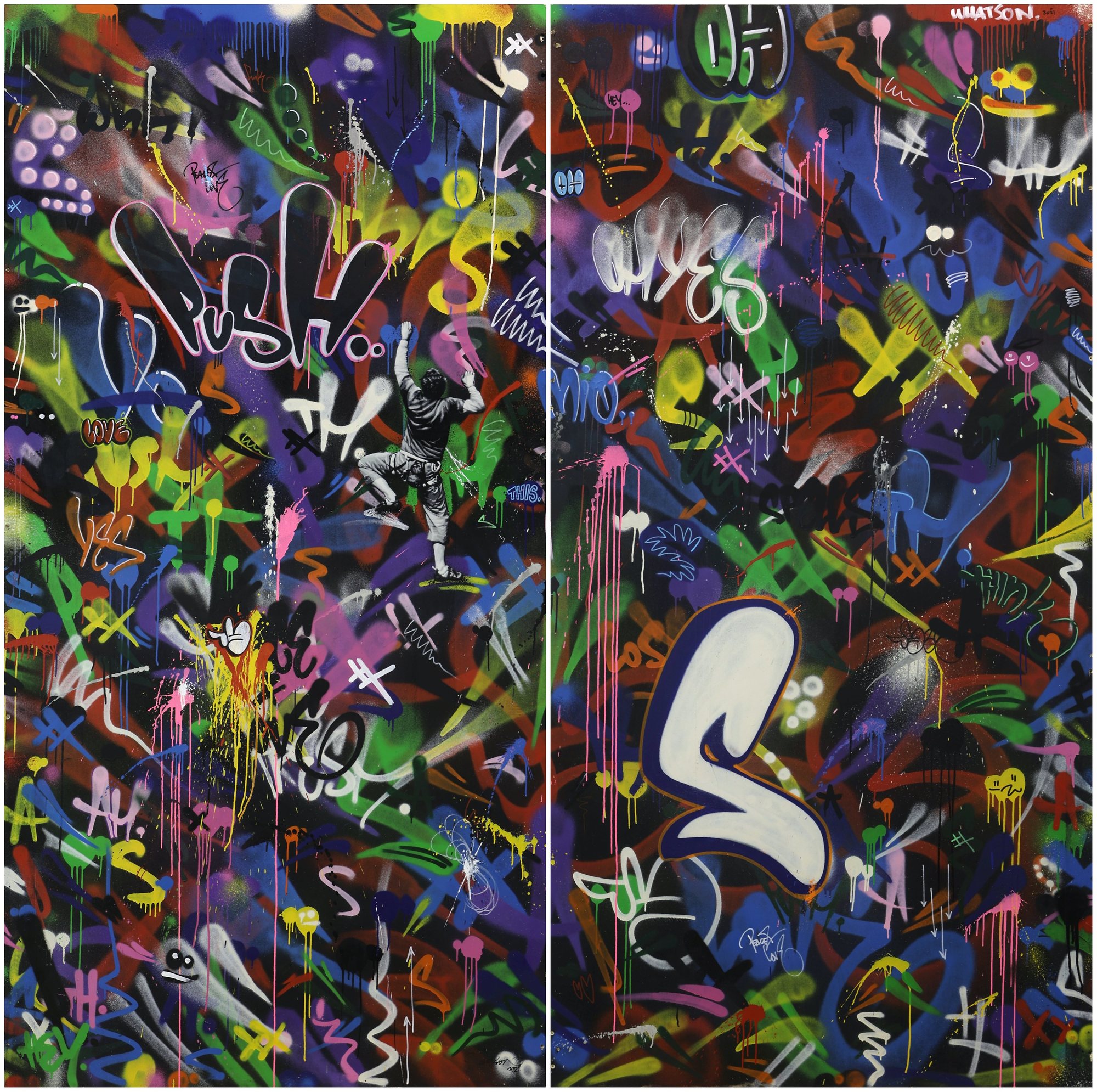 Artwork by Martin Whatson, Rock Climber, Made of Spray paint and stencil on wooden panel (x2) 