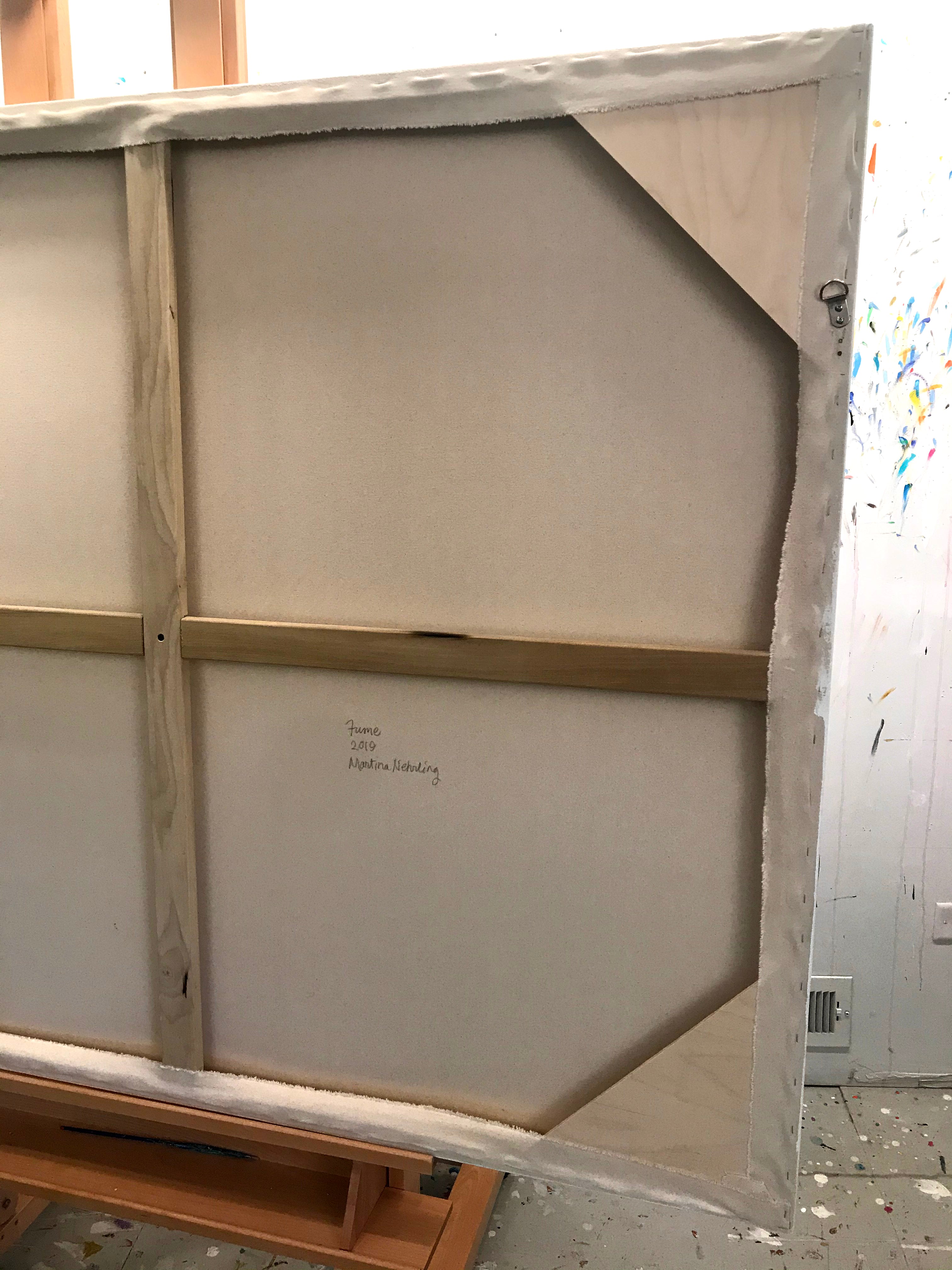 A painting of a pattern made out of strips of paper.