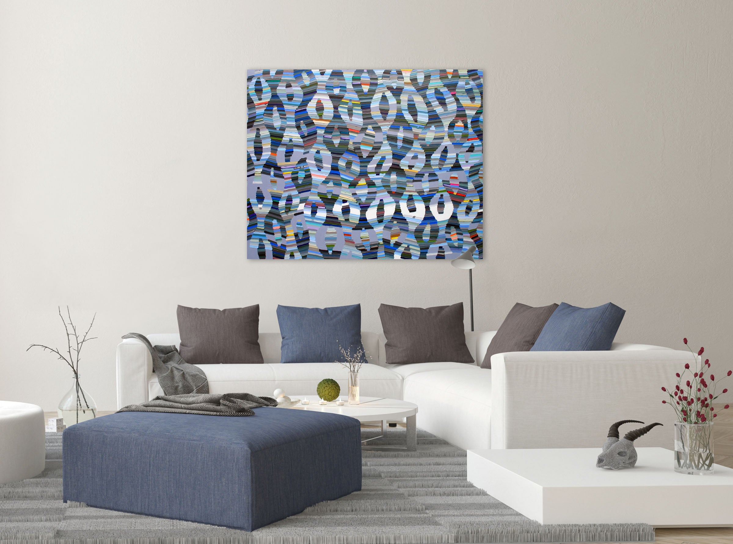 A painting of a pattern made out of strips of paper.