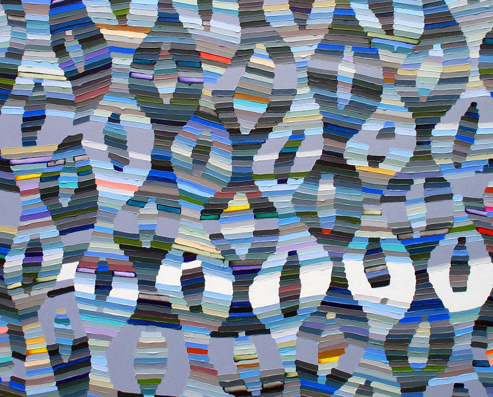 A painting of a pattern made out of strips of paper.