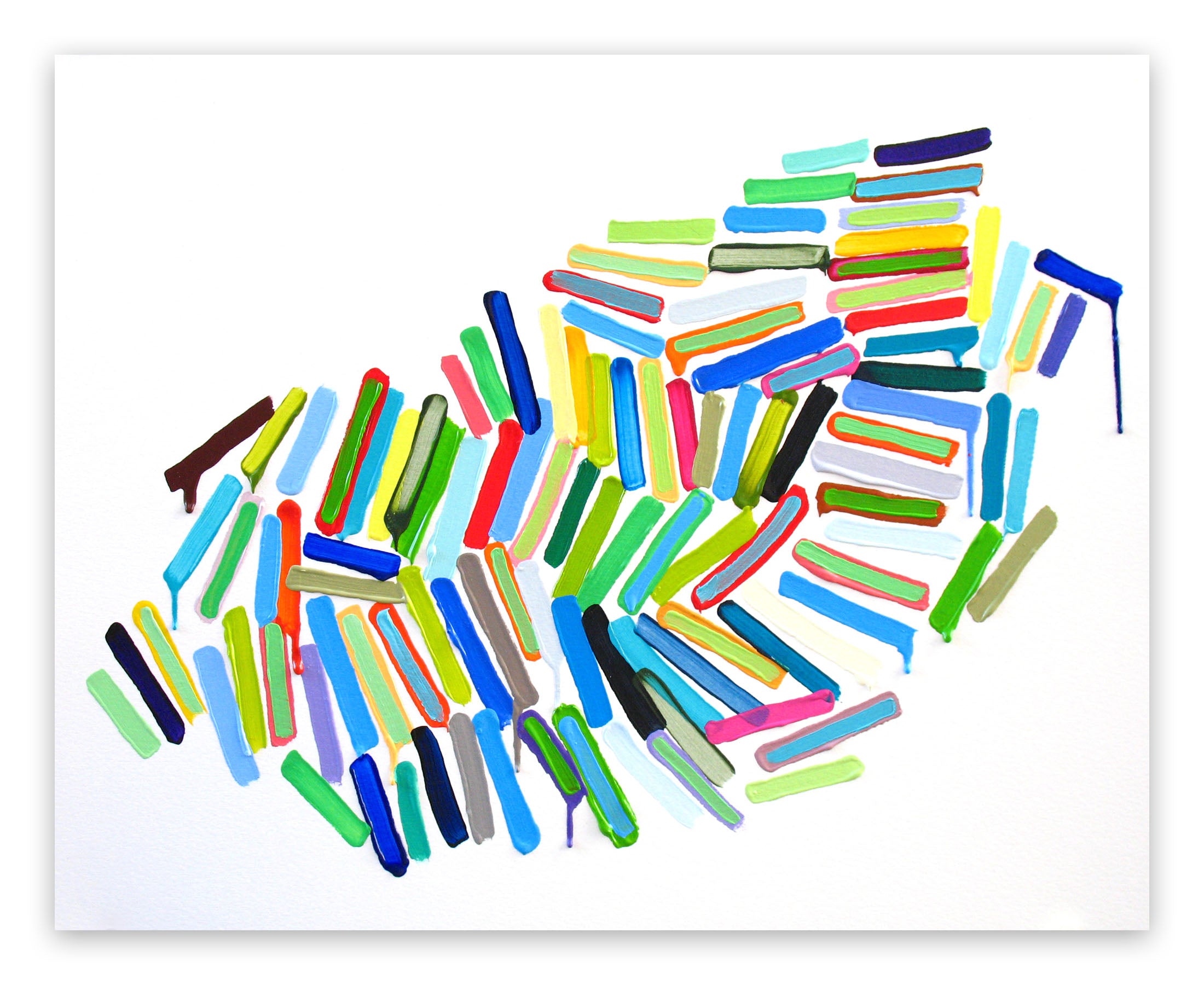 A painting of a pile of colorful sticks on a white surface.