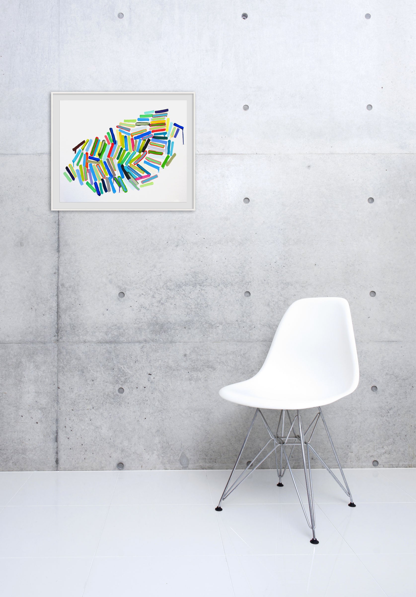 A painting of a pile of colorful sticks on a white surface.