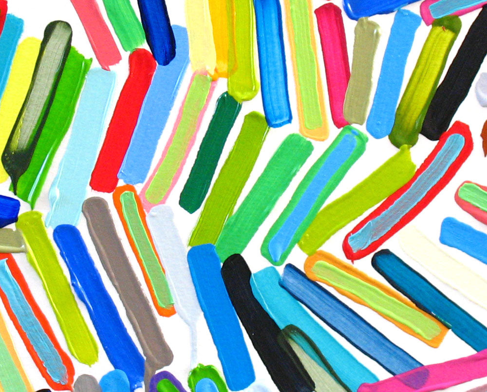 A painting of a pile of colorful sticks on a white surface.
