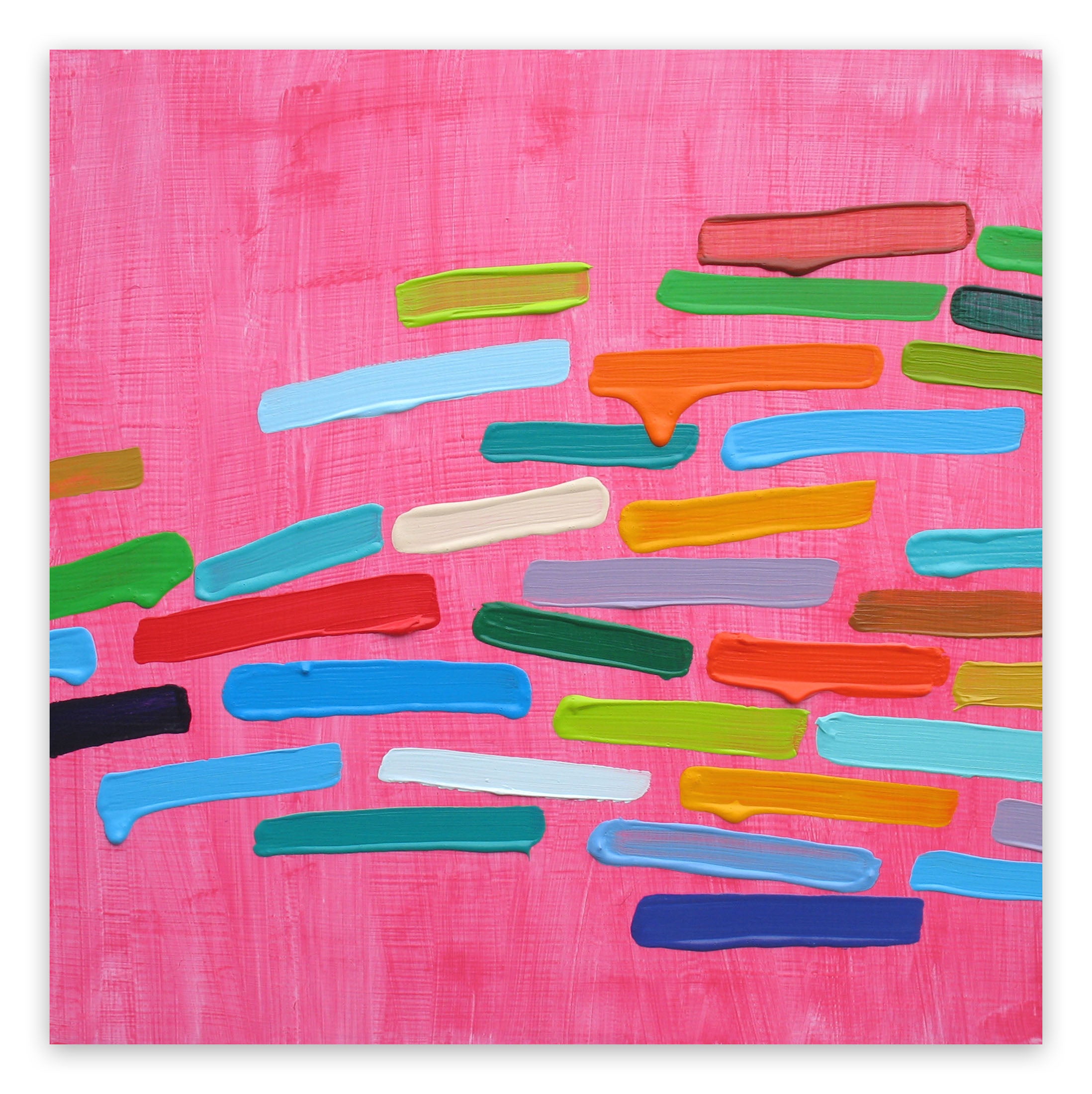 A painting of colorful paint strokes on a pink background.