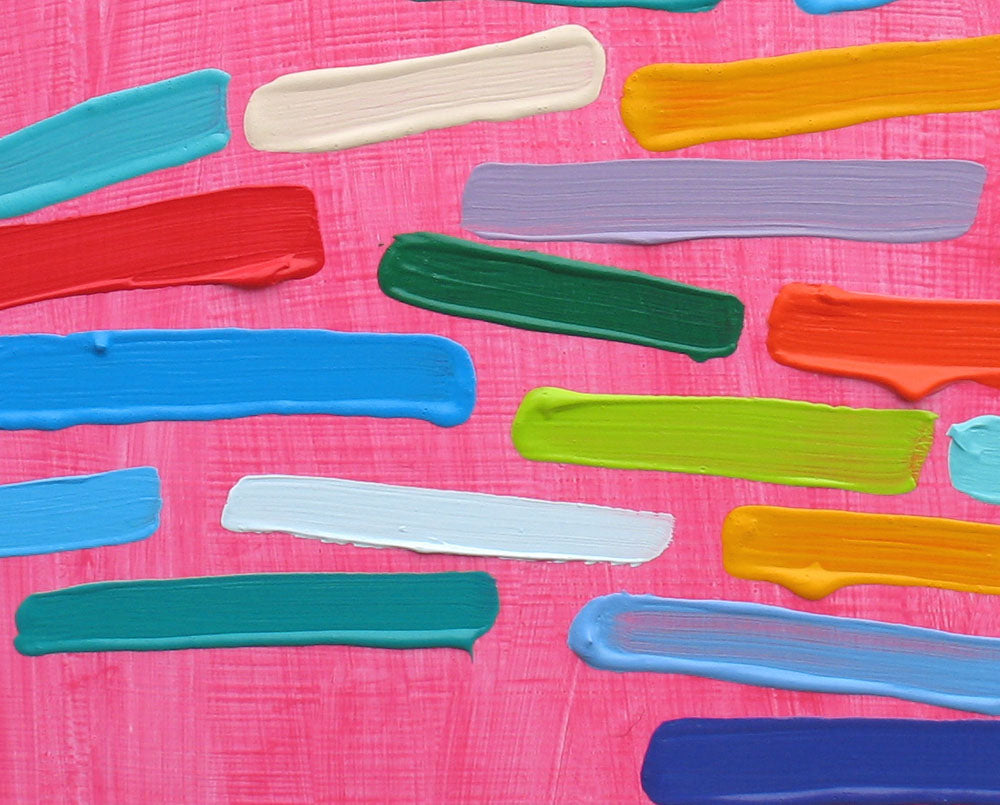 A painting of colorful paint strokes on a pink background.
