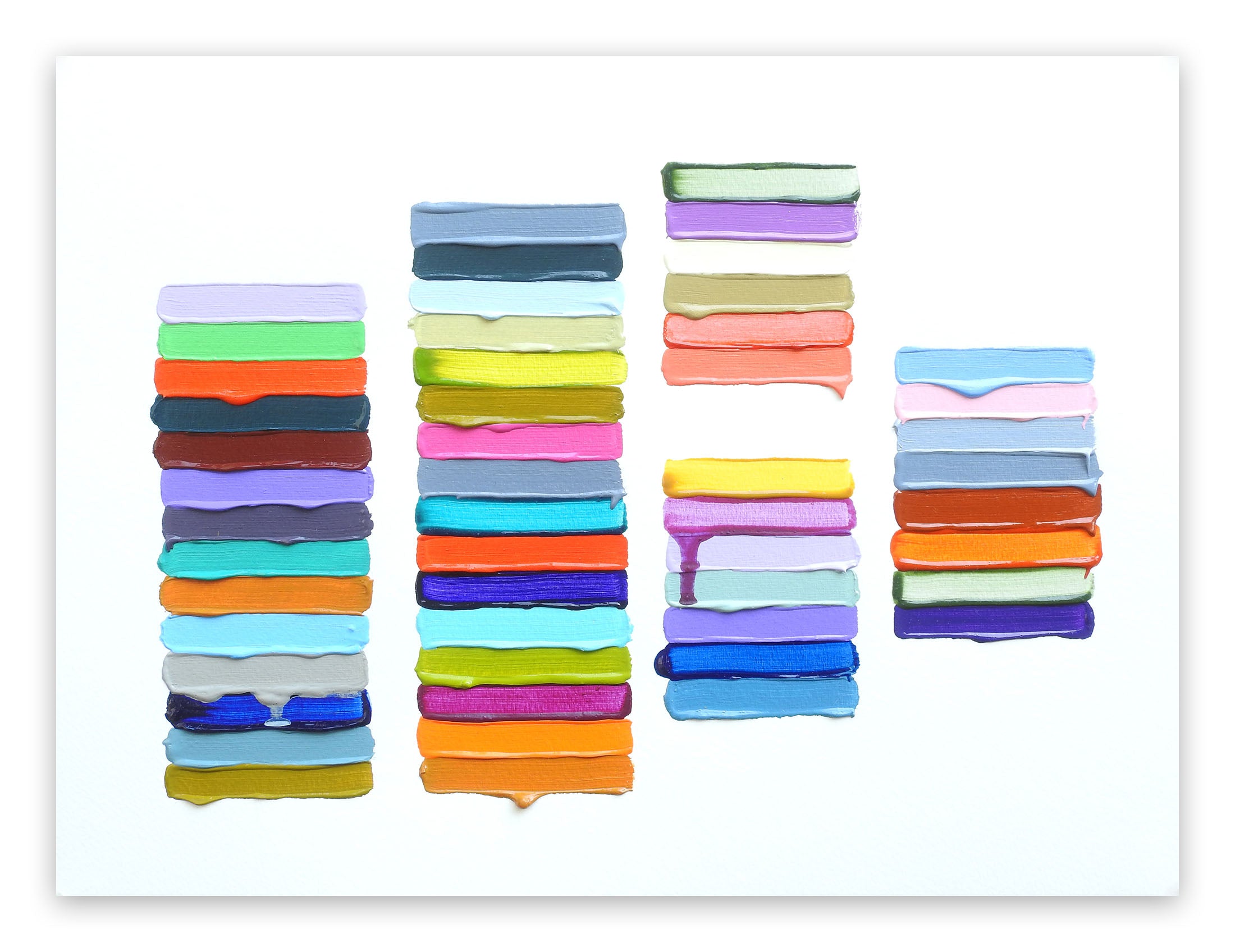 A painting of a stack of colorful paint strokes on a white background.