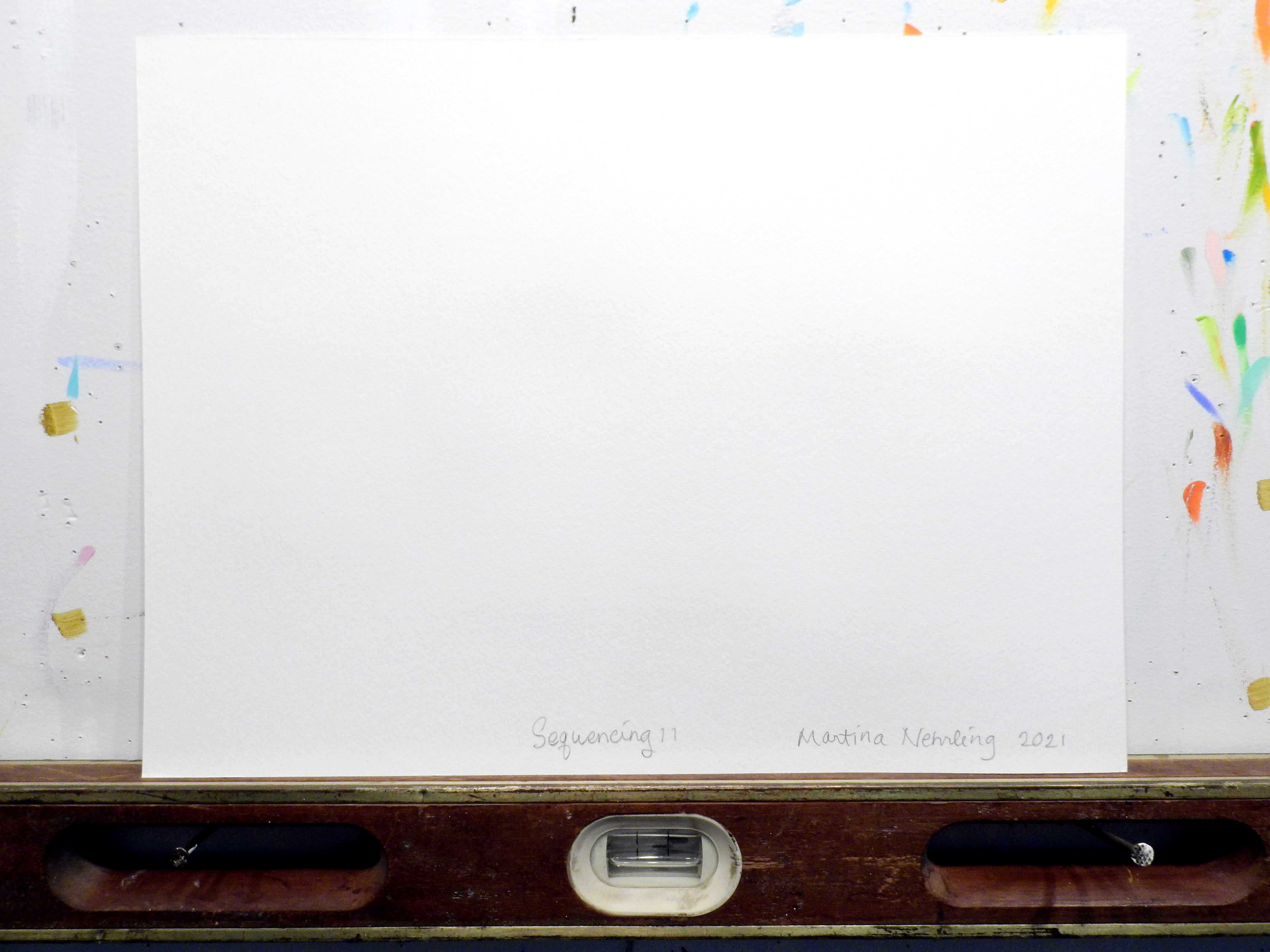 A painting of a stack of colorful paint strokes on a white background.