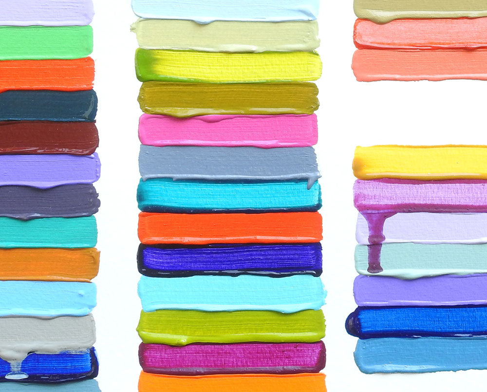 A painting of a stack of colorful paint strokes on a white background.