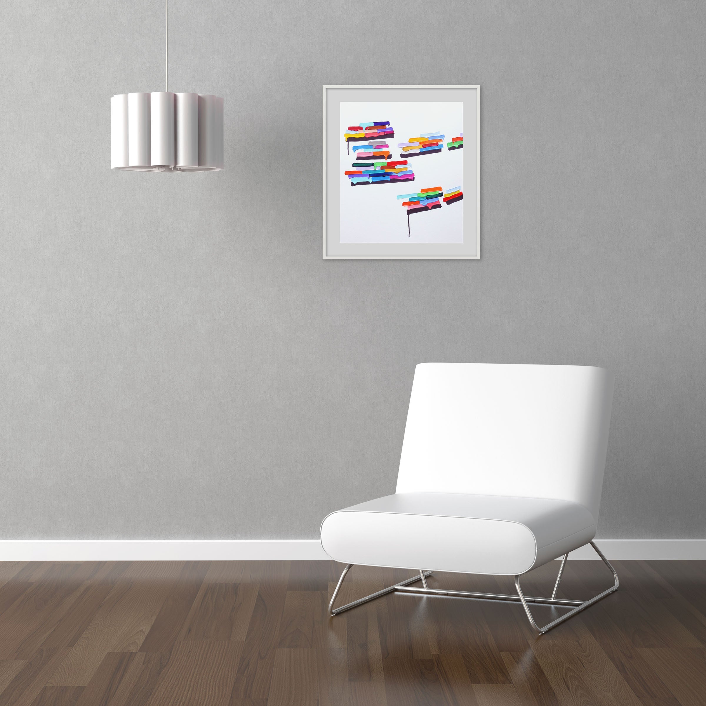 A painting of a bunch of different colored paint drips on a white surface.