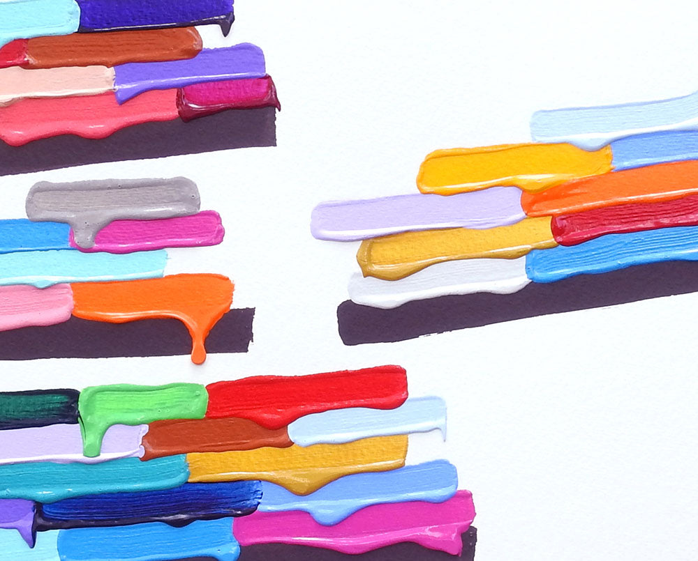 A painting of a bunch of different colored paint drips on a white surface.