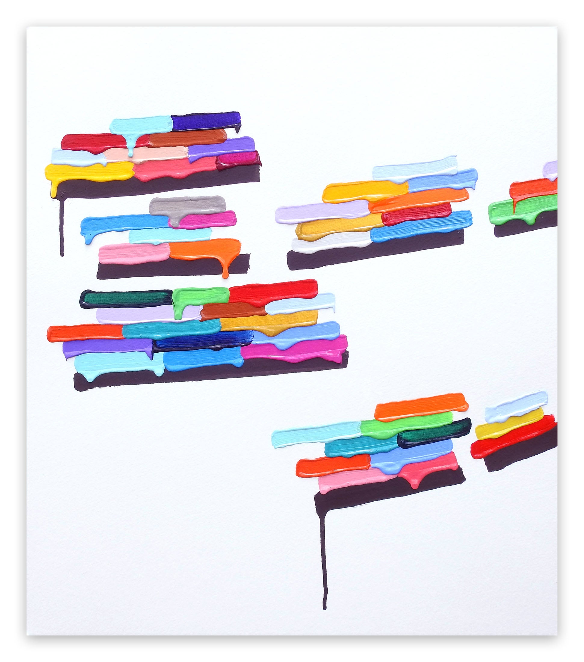 A painting of a bunch of different colored paint drips on a white surface.