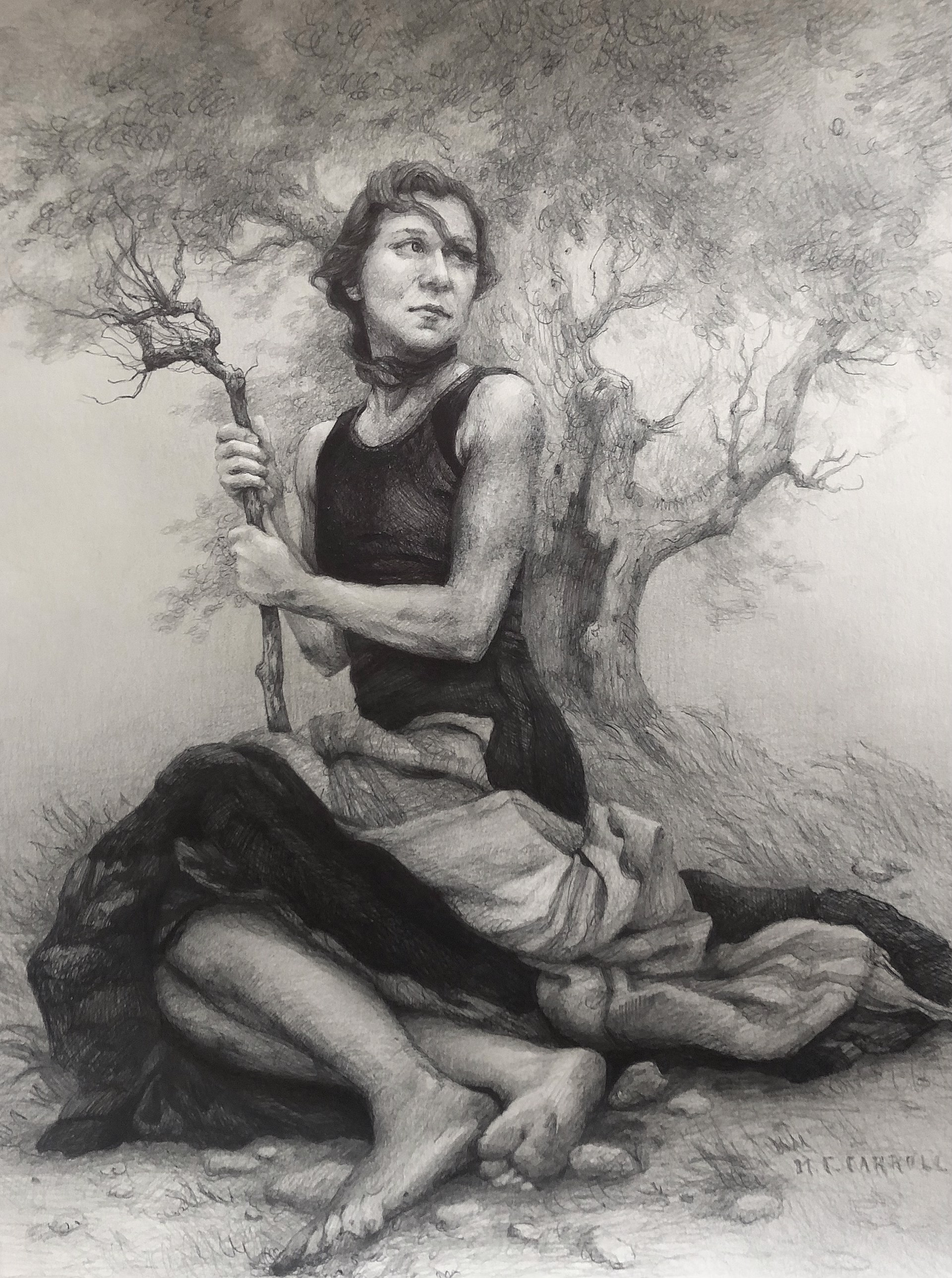 A monochromatic charcoal drawing of a seated figure holding a gnarled branch, rendered with heavy shading and dramatic lighting.