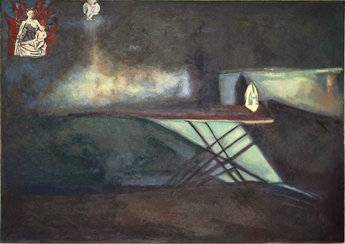 A painting of a woman sitting on a bench in a dark room.
