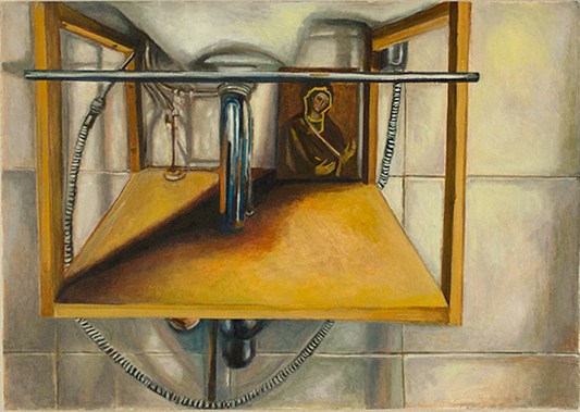 A painting of a bathroom with a sink and a mirror.