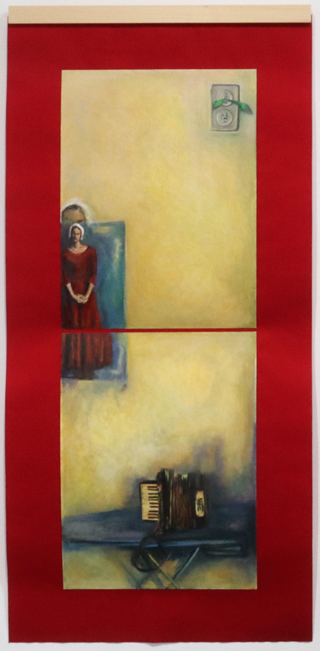 A painting of a woman in a red dress standing in front of a mirror.