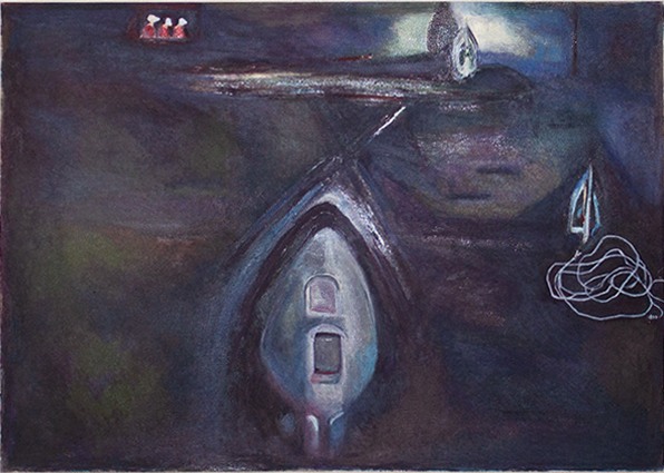 A painting of a boat in a dark room.