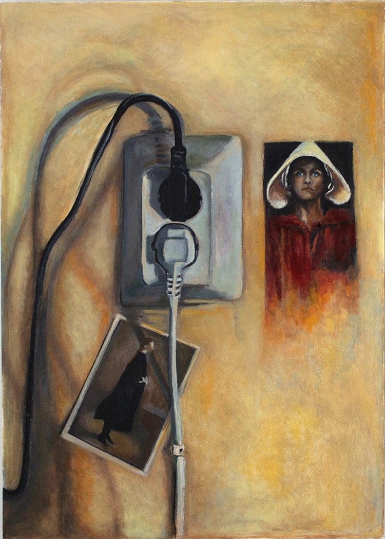 A painting of an electrical outlet with a picture of a woman in a hat.