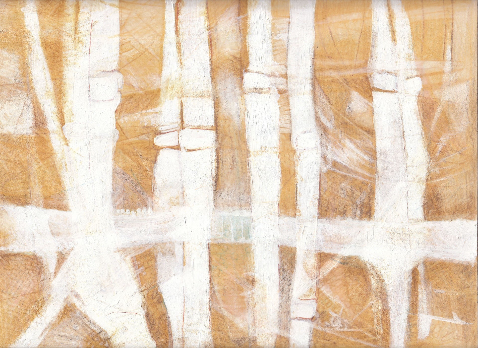 A painting of a group of white and brown trees.