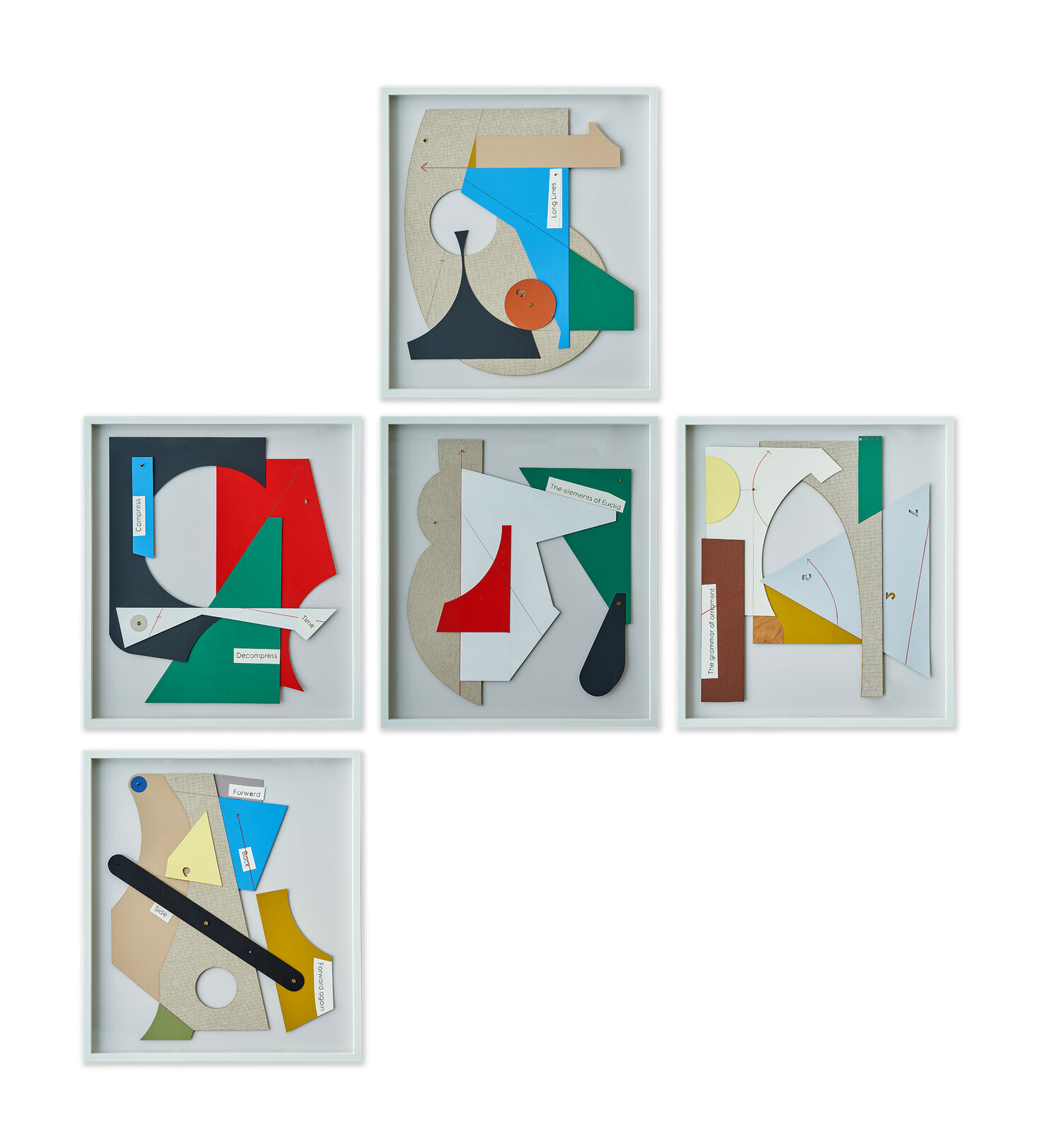 A set of four framed art pieces in a white frame.