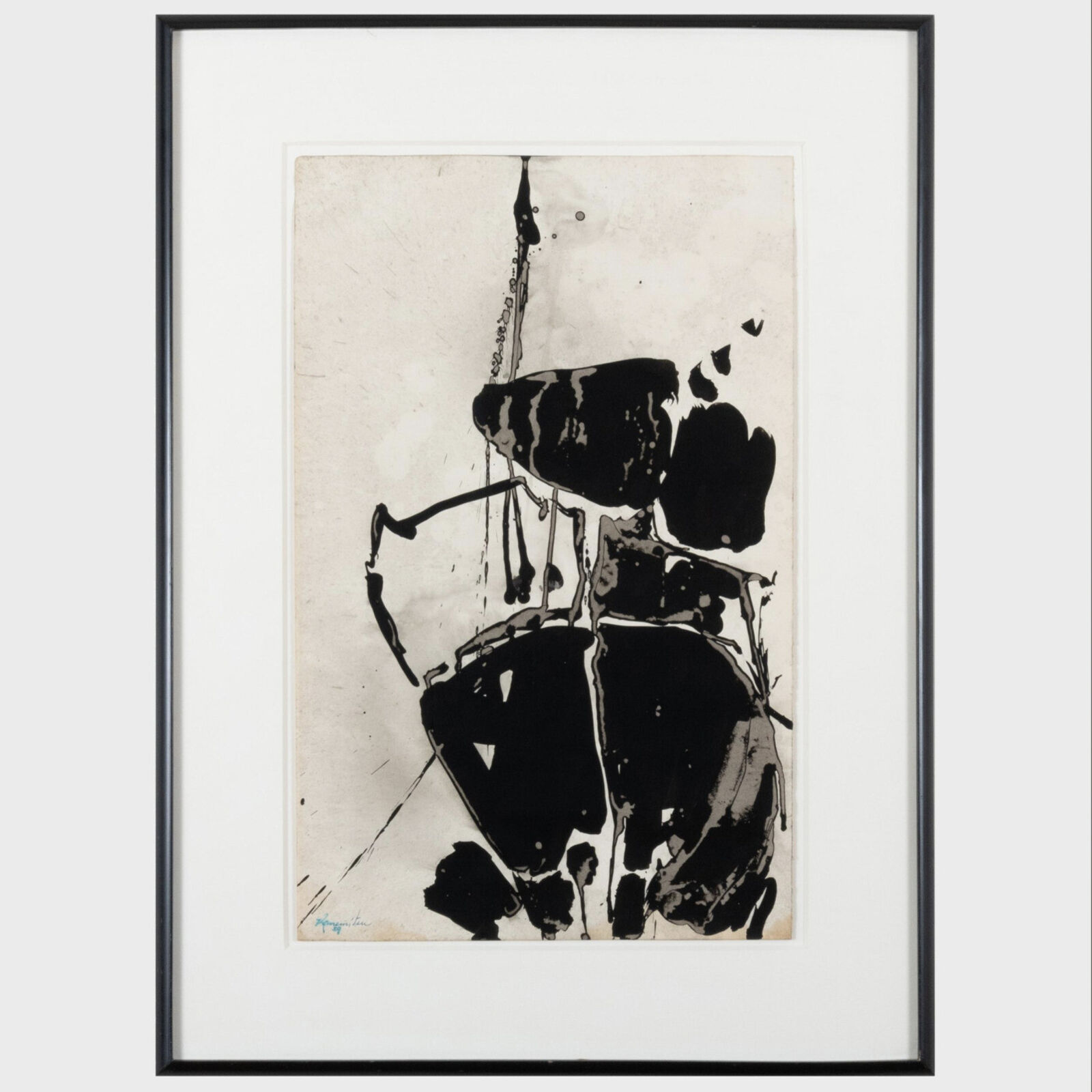 A black and white drawing of a bird on a branch.