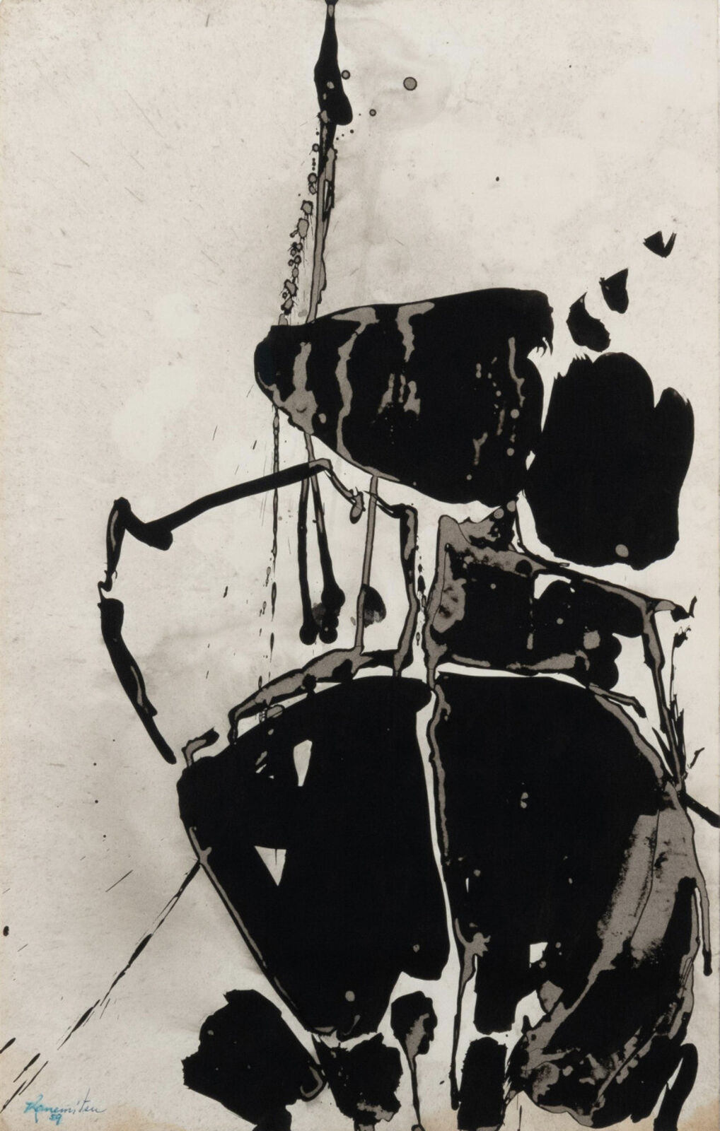 A black and white drawing of a bird on a branch.