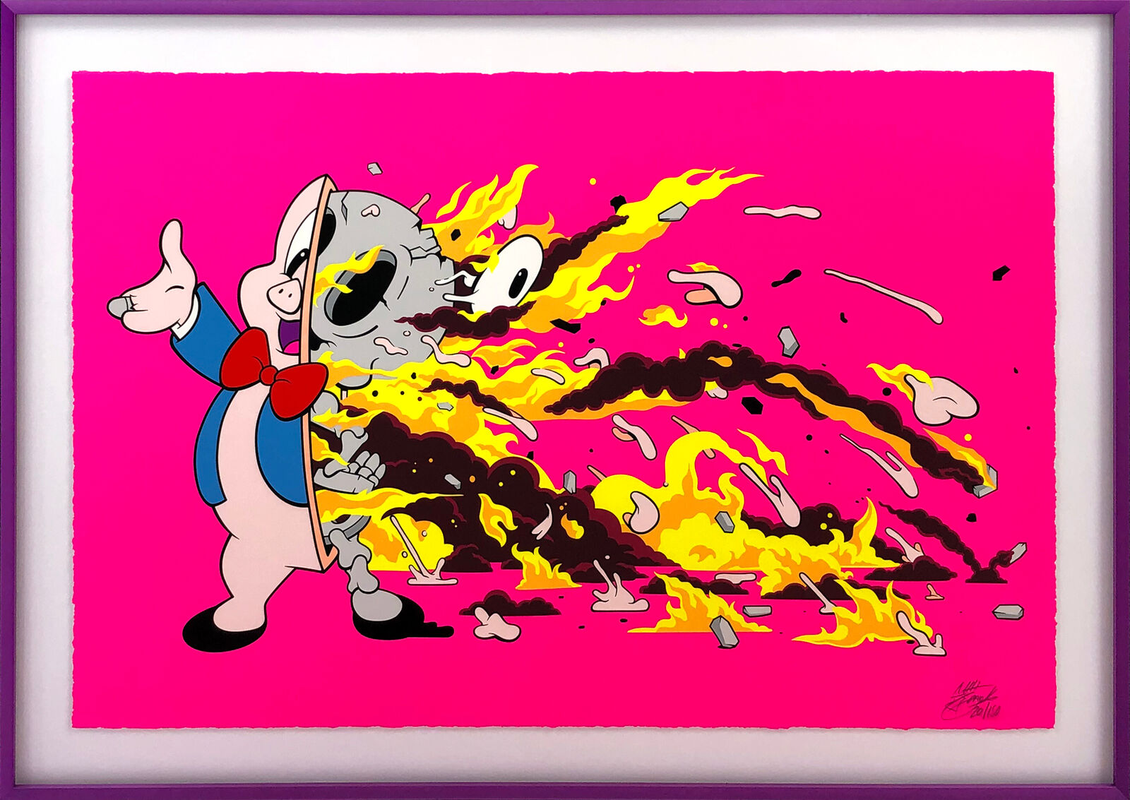A picture of a cartoon character with a fire in the background.