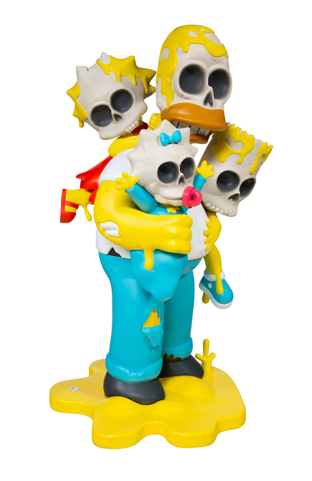 A colorful sculpture of a figure in blue overalls carrying three skulls, all smeared with yellow paint.