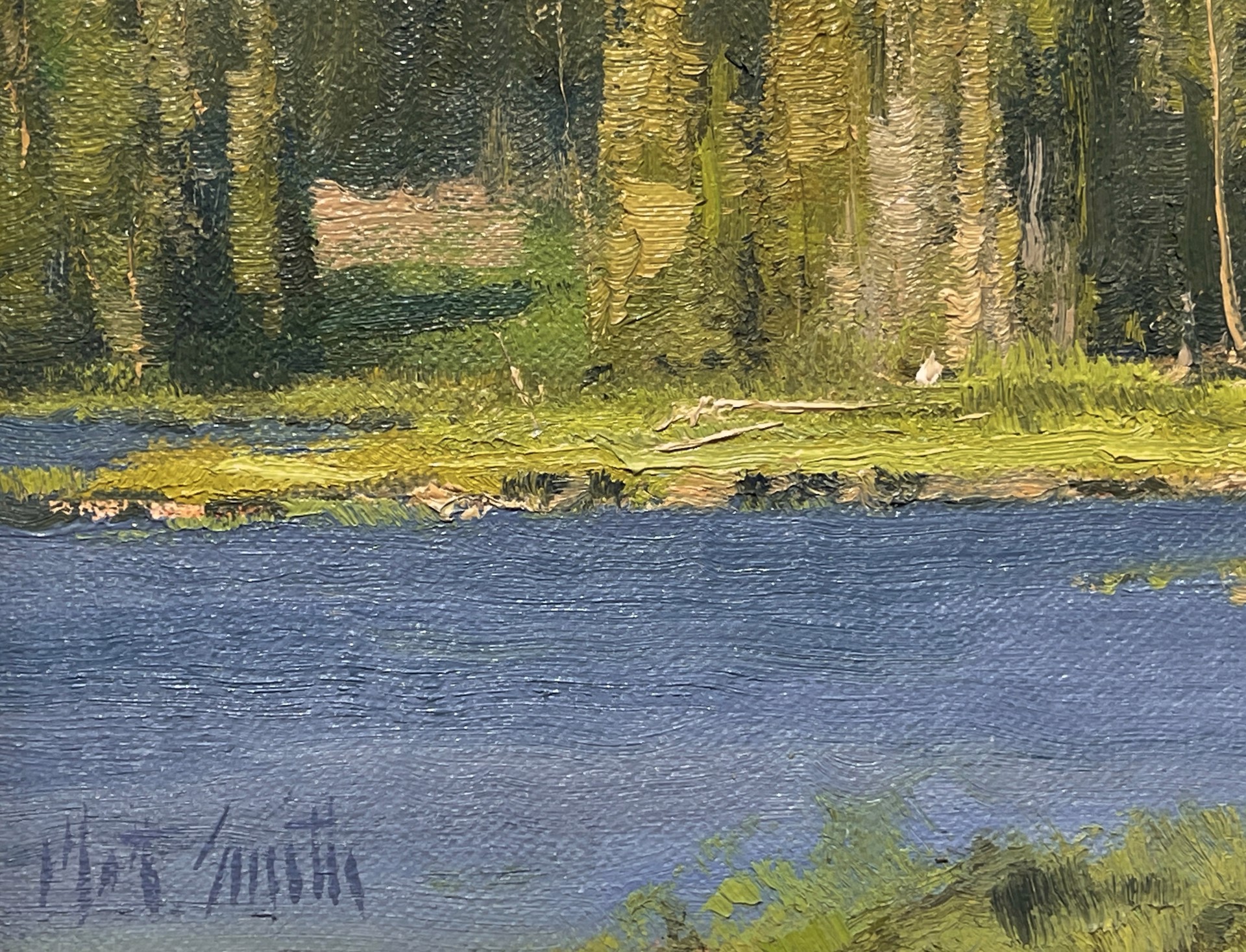 A painting of a lake in the middle of a forest.