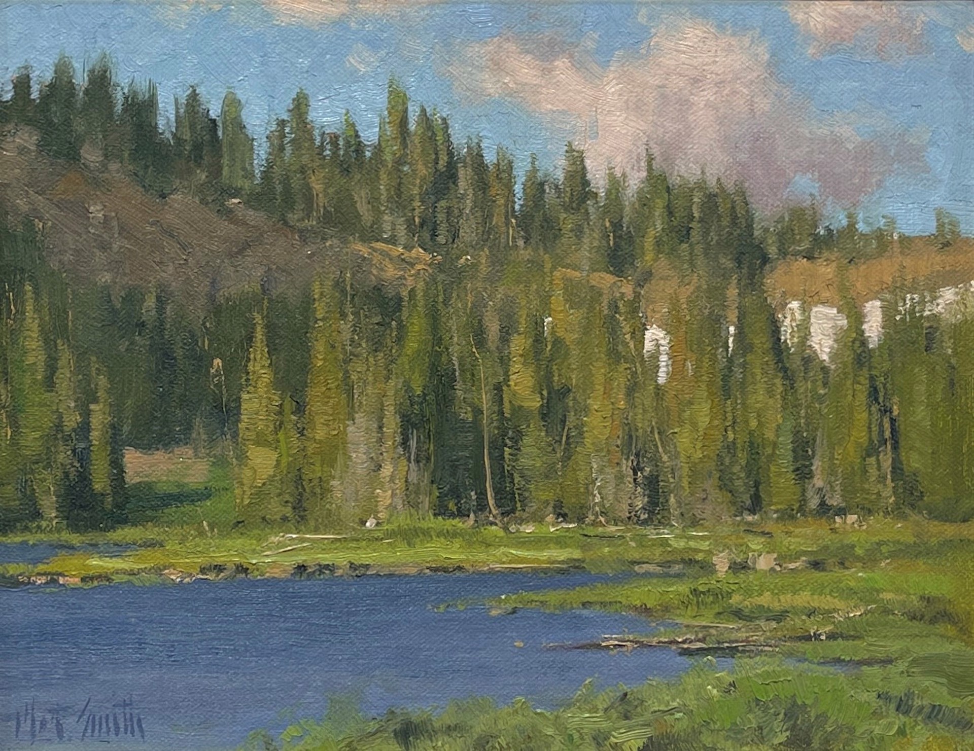 A painting of a lake in the middle of a forest.