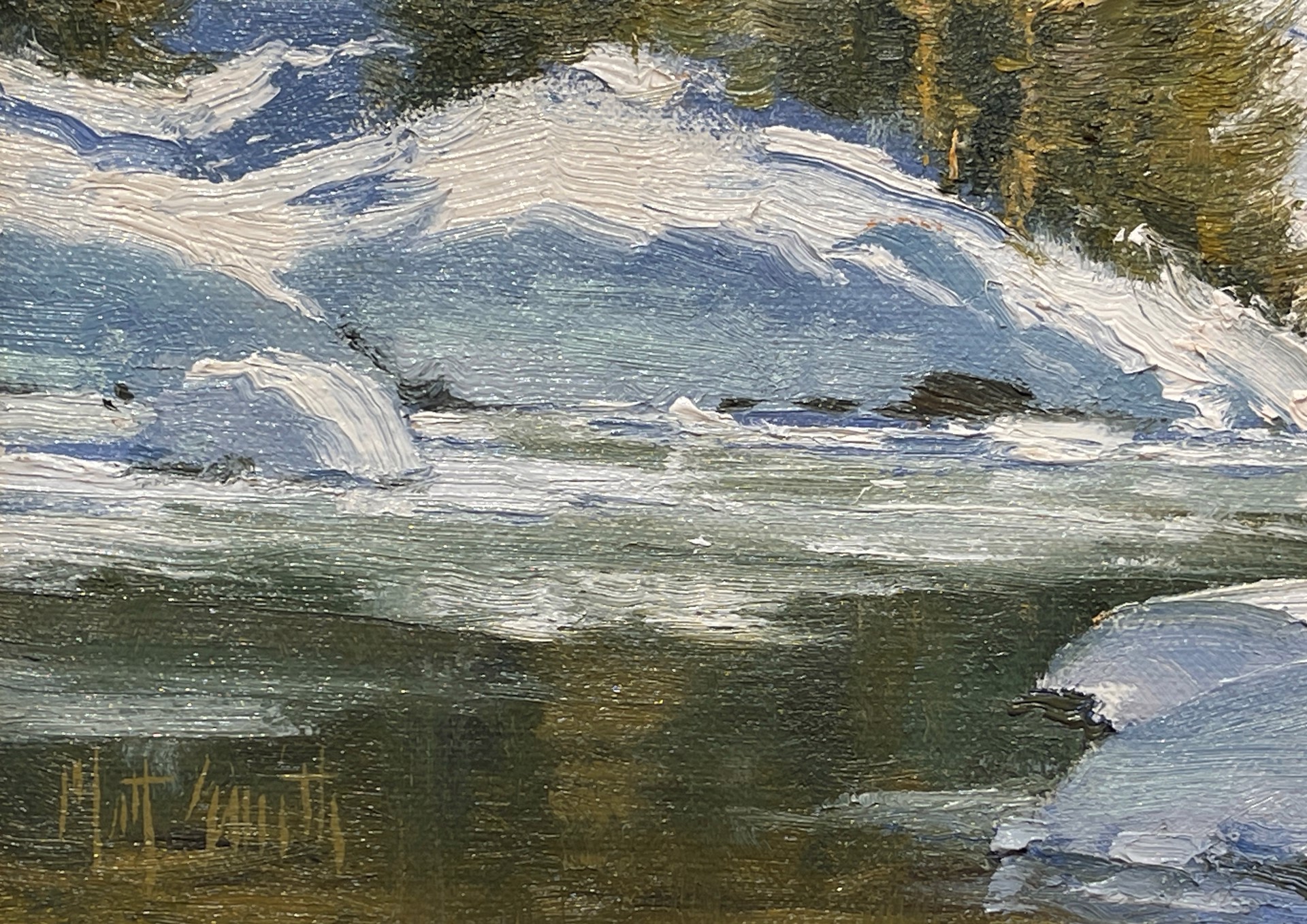 A painting of a snowy landscape with trees in the background.