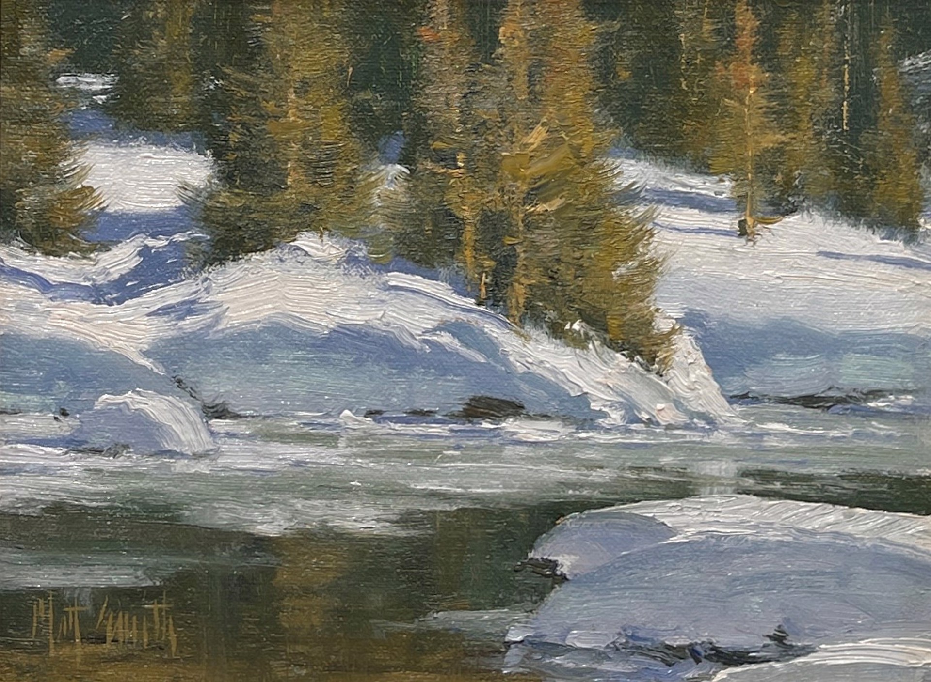 A painting of a snowy landscape with trees in the background.