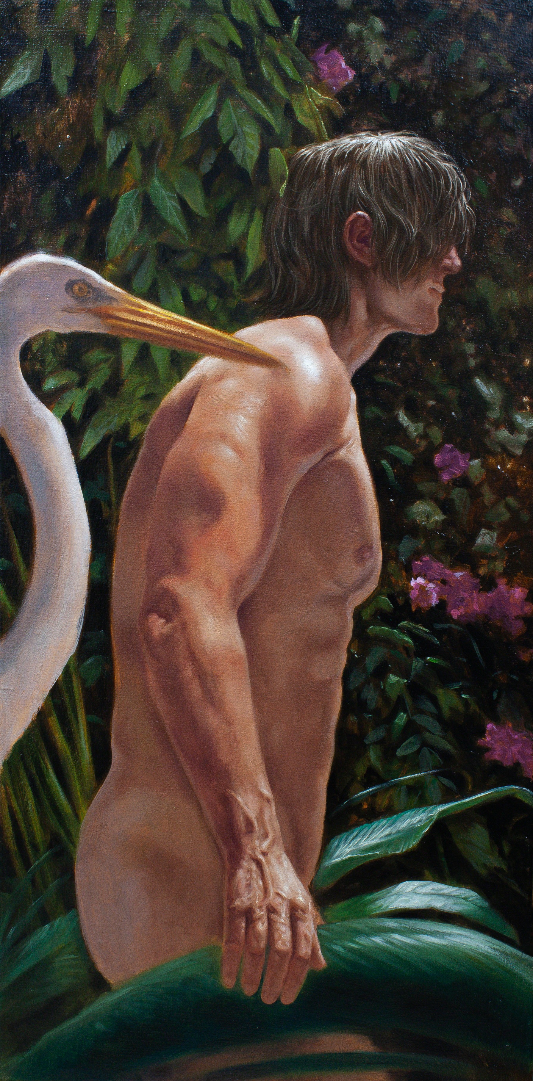 A painting of a man standing next to a white bird.