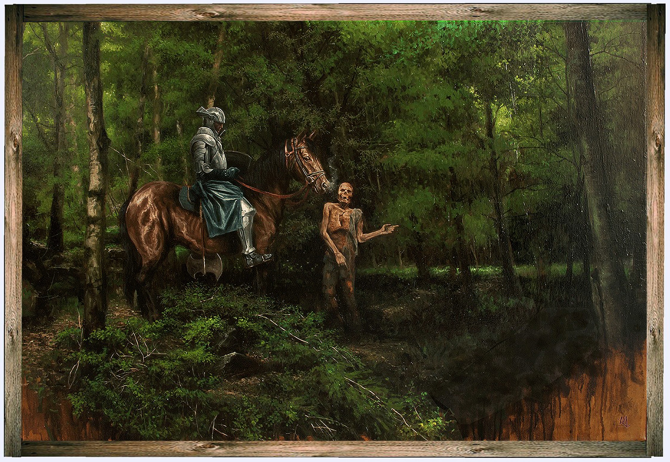 A medieval knight on horseback confronts a gaunt figure in a dense, shadowed forest.