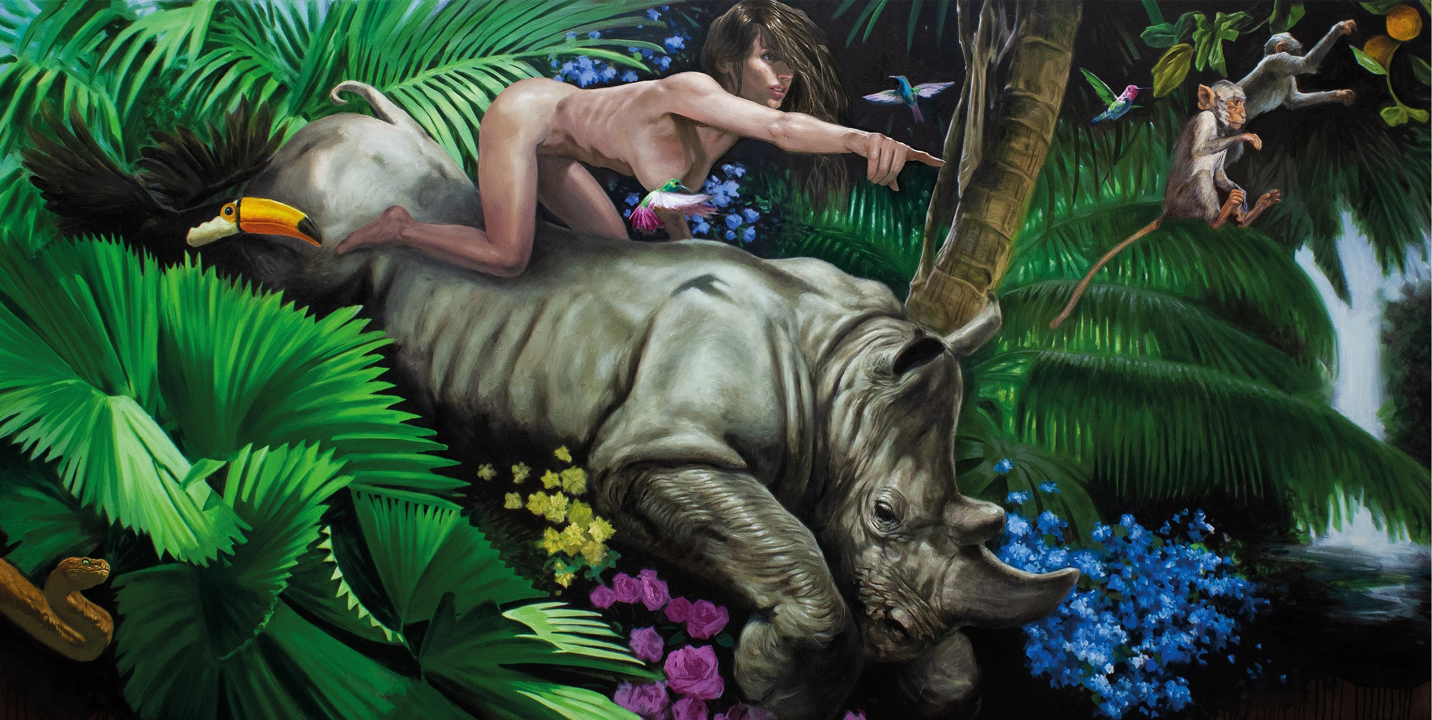 A painting of a woman riding on the back of a rhino.