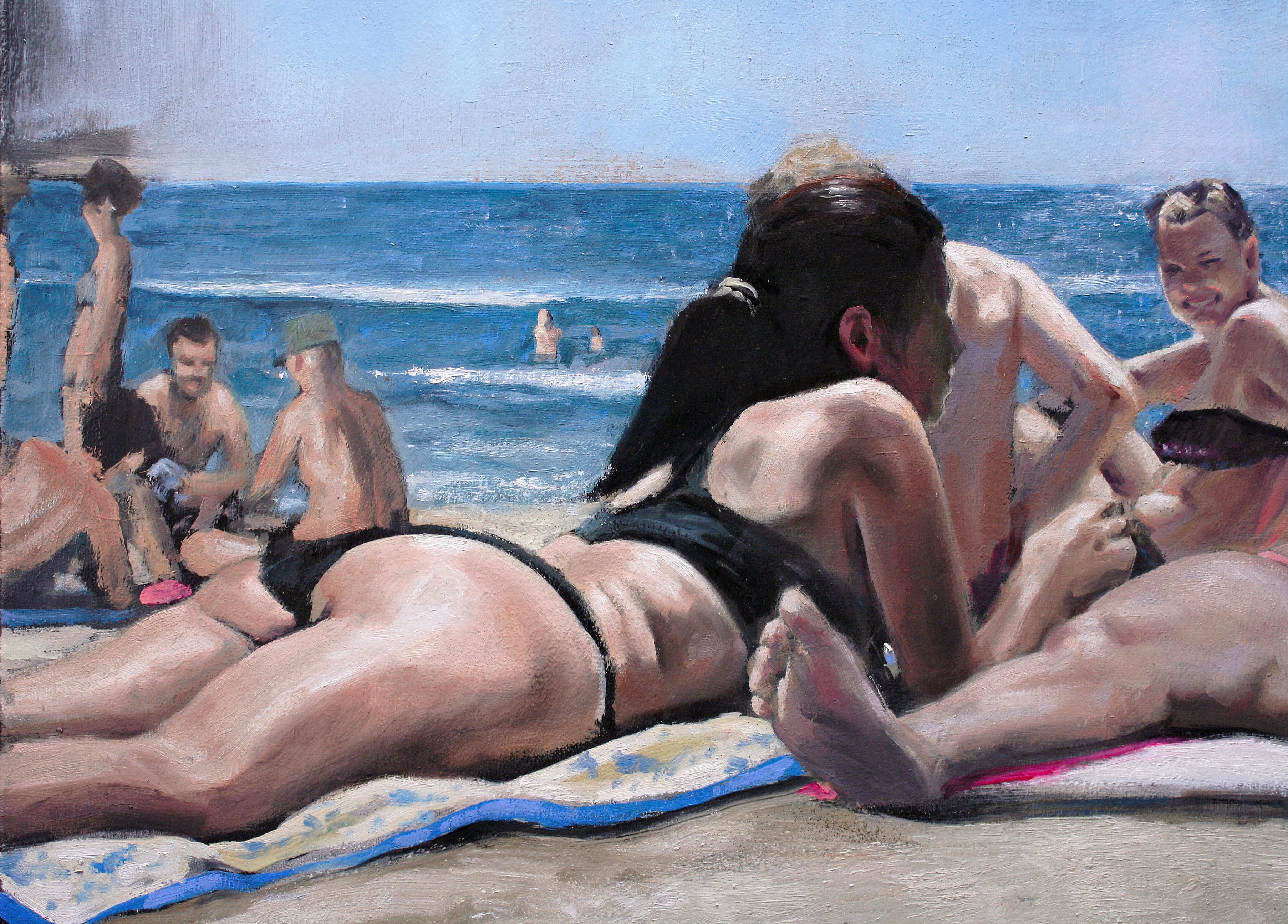 A painting of a group of people on a beach.