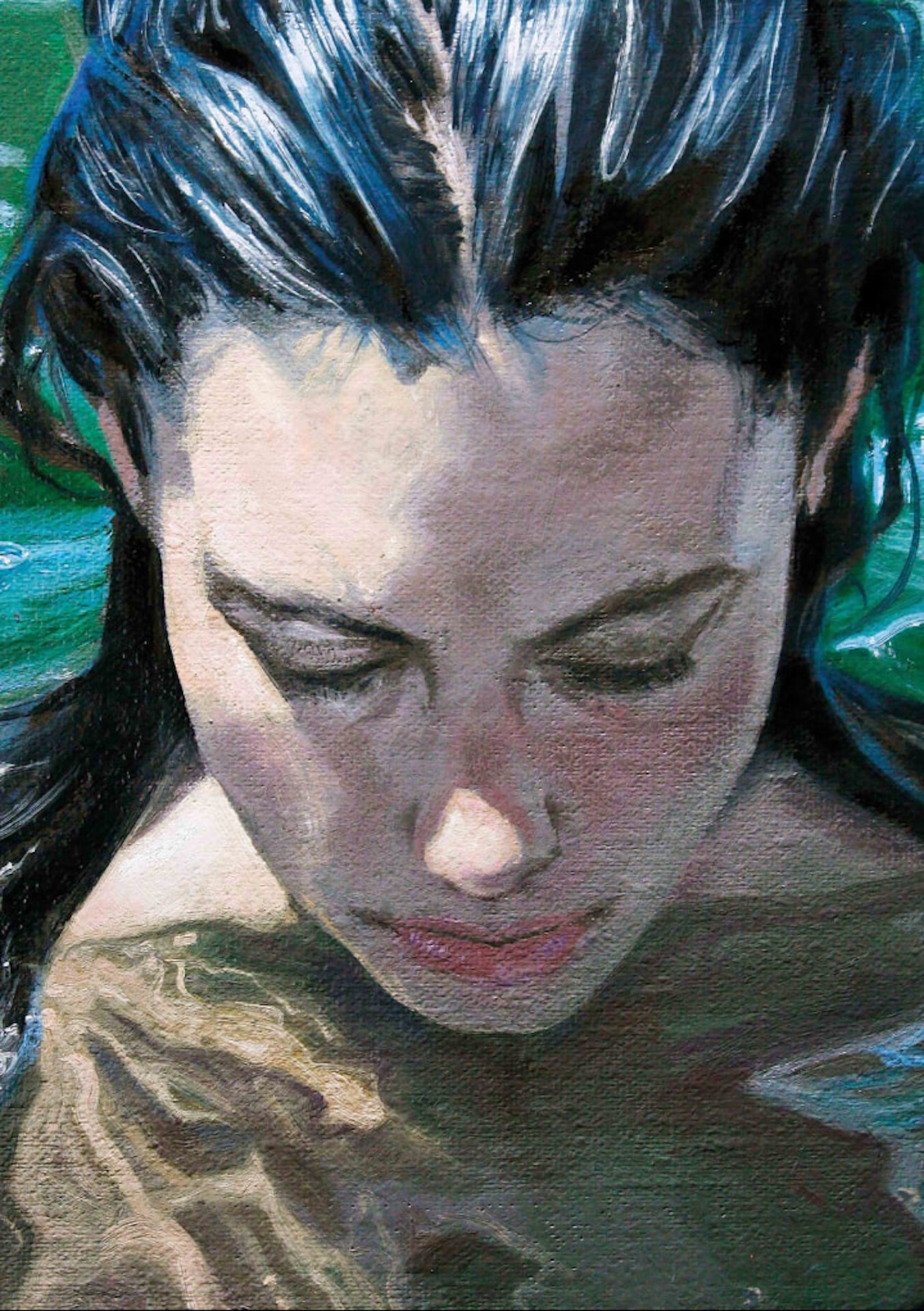 A close-up portrait of a person submerged in water, eyes closed, with light filtering through the surface above.