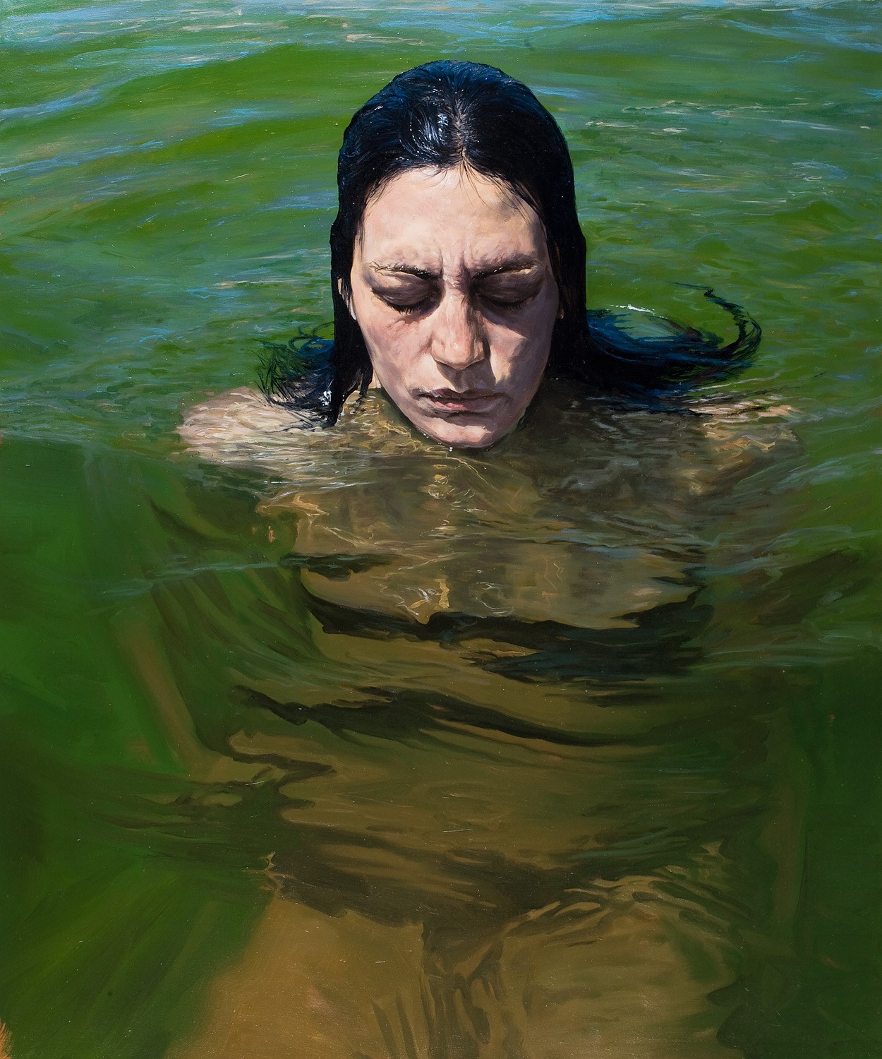 A painting of a woman floating in the water.