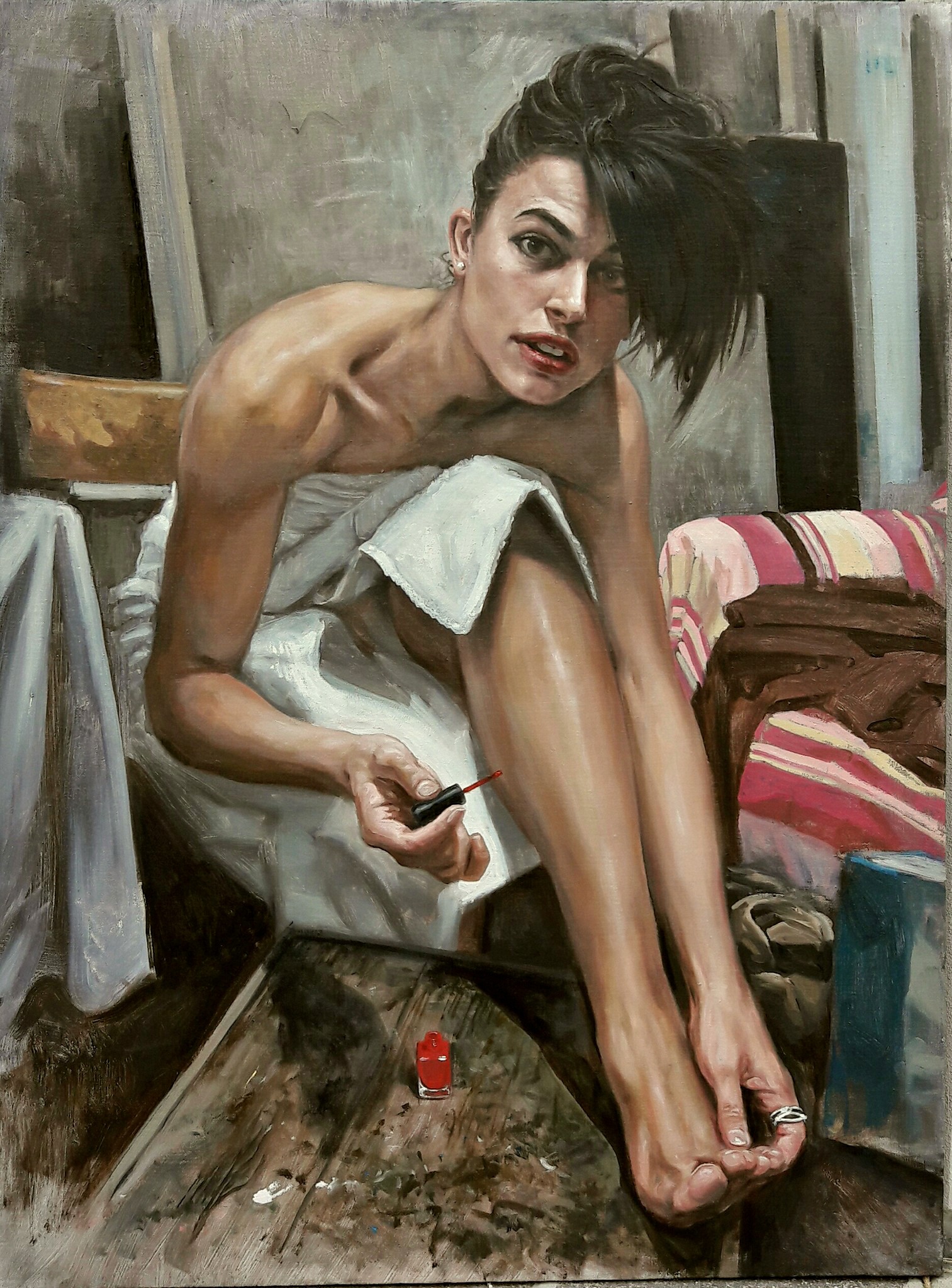 A painting of a woman with black hair and red lipstick.