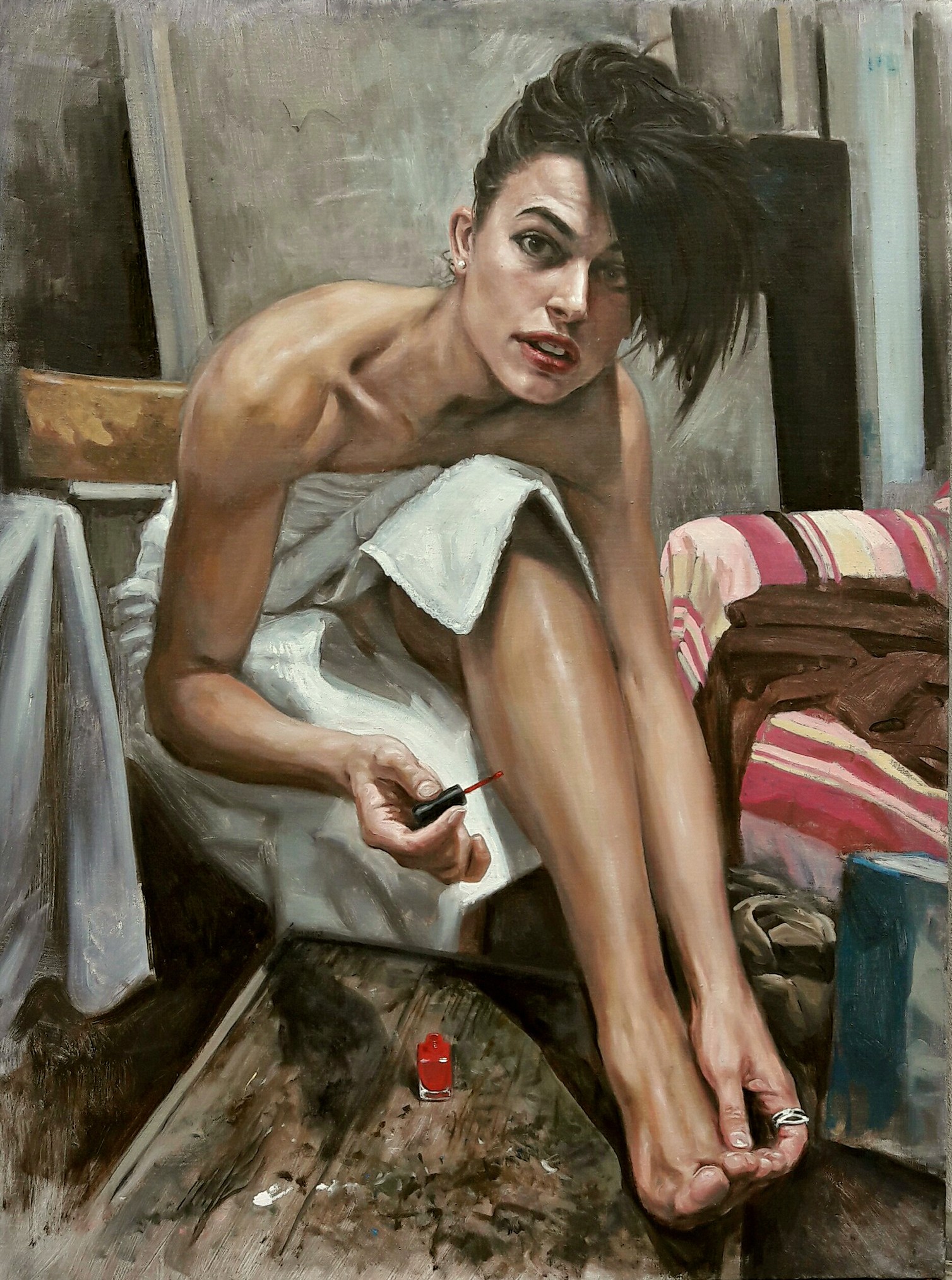 A painting of a woman with black hair and red lipstick.