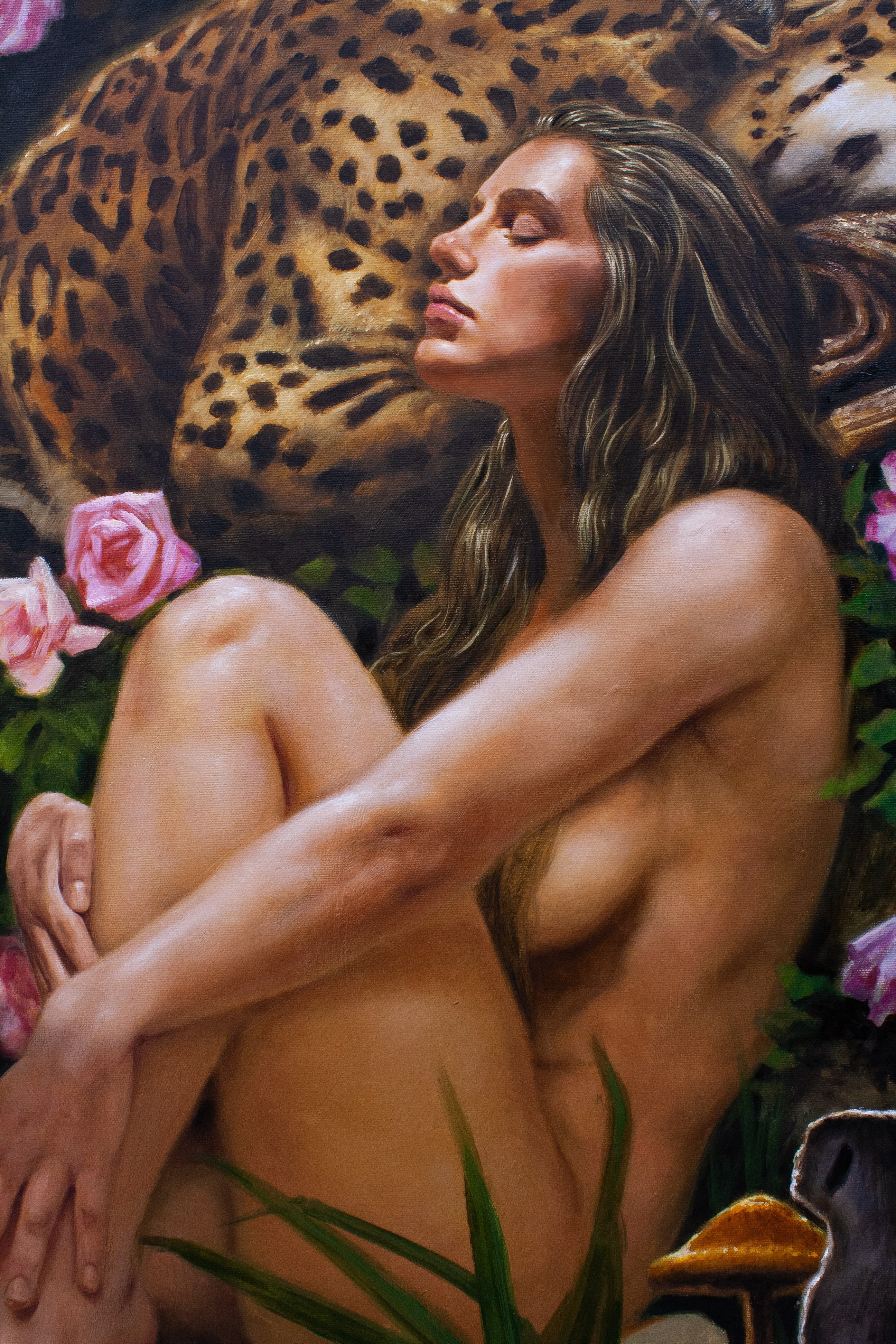 A serene portrait of a figure with closed eyes against a leopard-print background.
