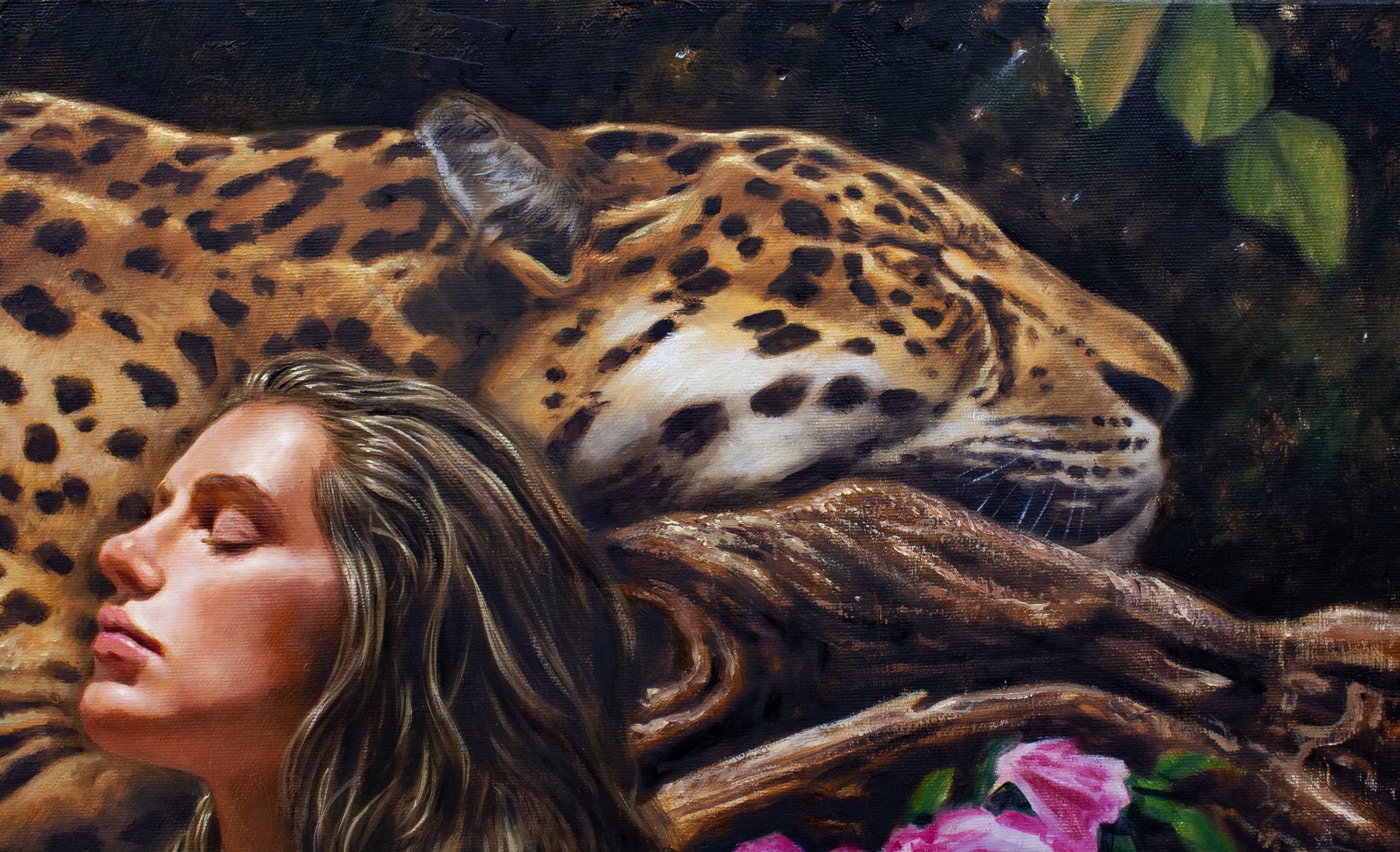 A serene portrait of a figure with closed eyes against a leopard-print background.