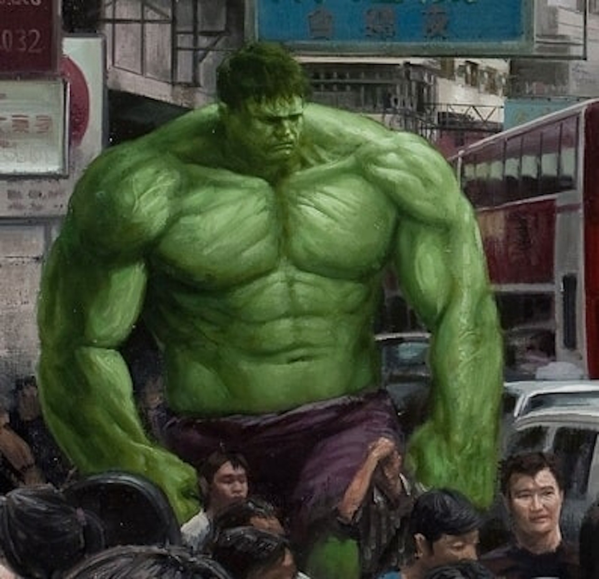 A massive green-skinned figure towers over a crowded street scene, dominating the urban environment with immense muscularity.