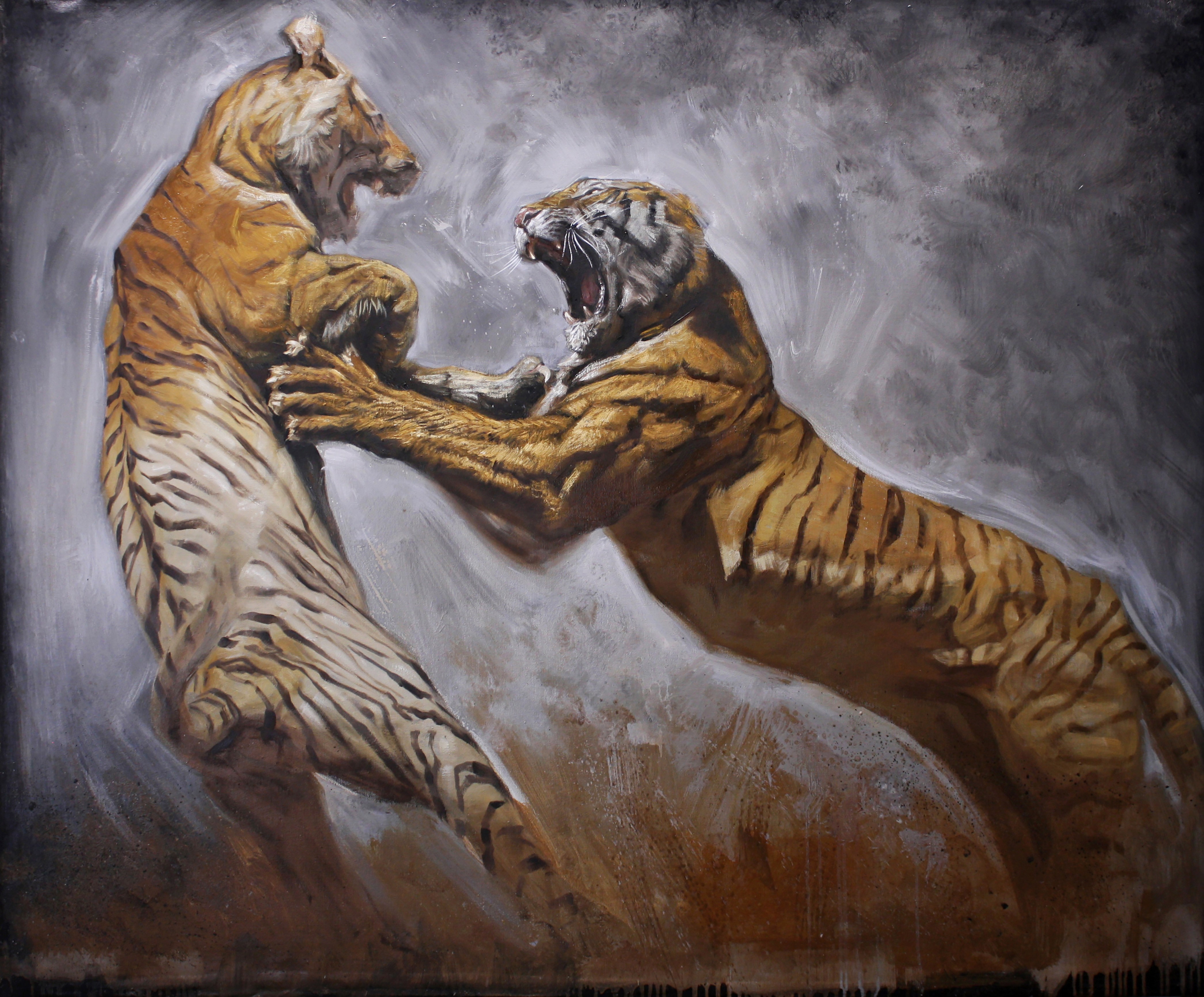 A dramatic painting of two tigers locked in a fierce struggle.