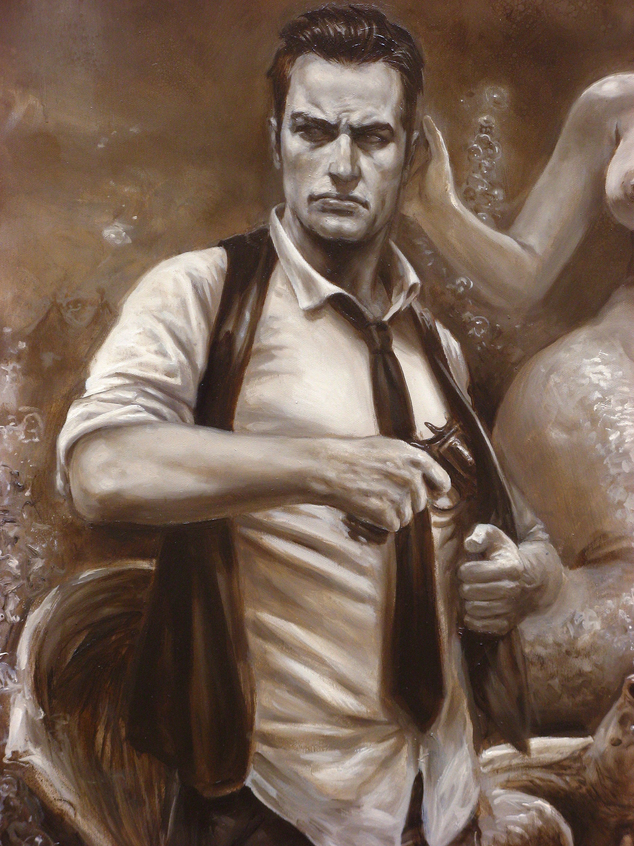 A painting of a man holding a gun in his hand.