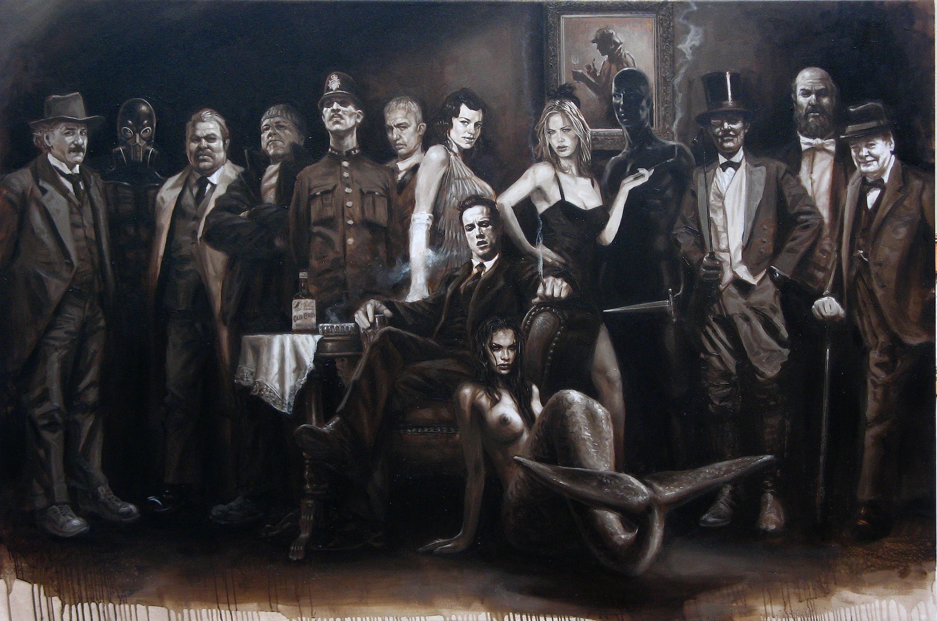 A painting of a group of people posing for a picture.