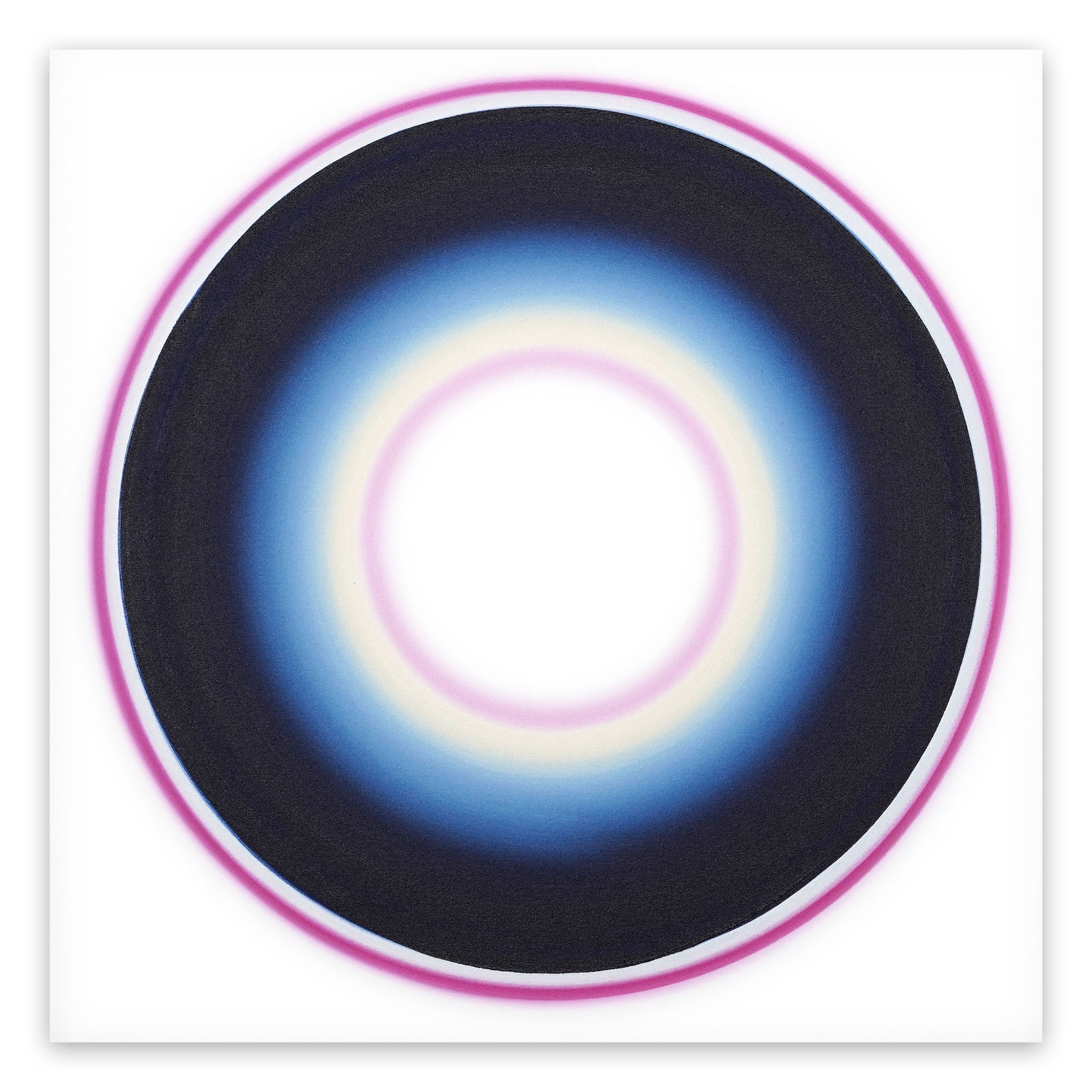A black circle with a pink and blue circle in the middle.